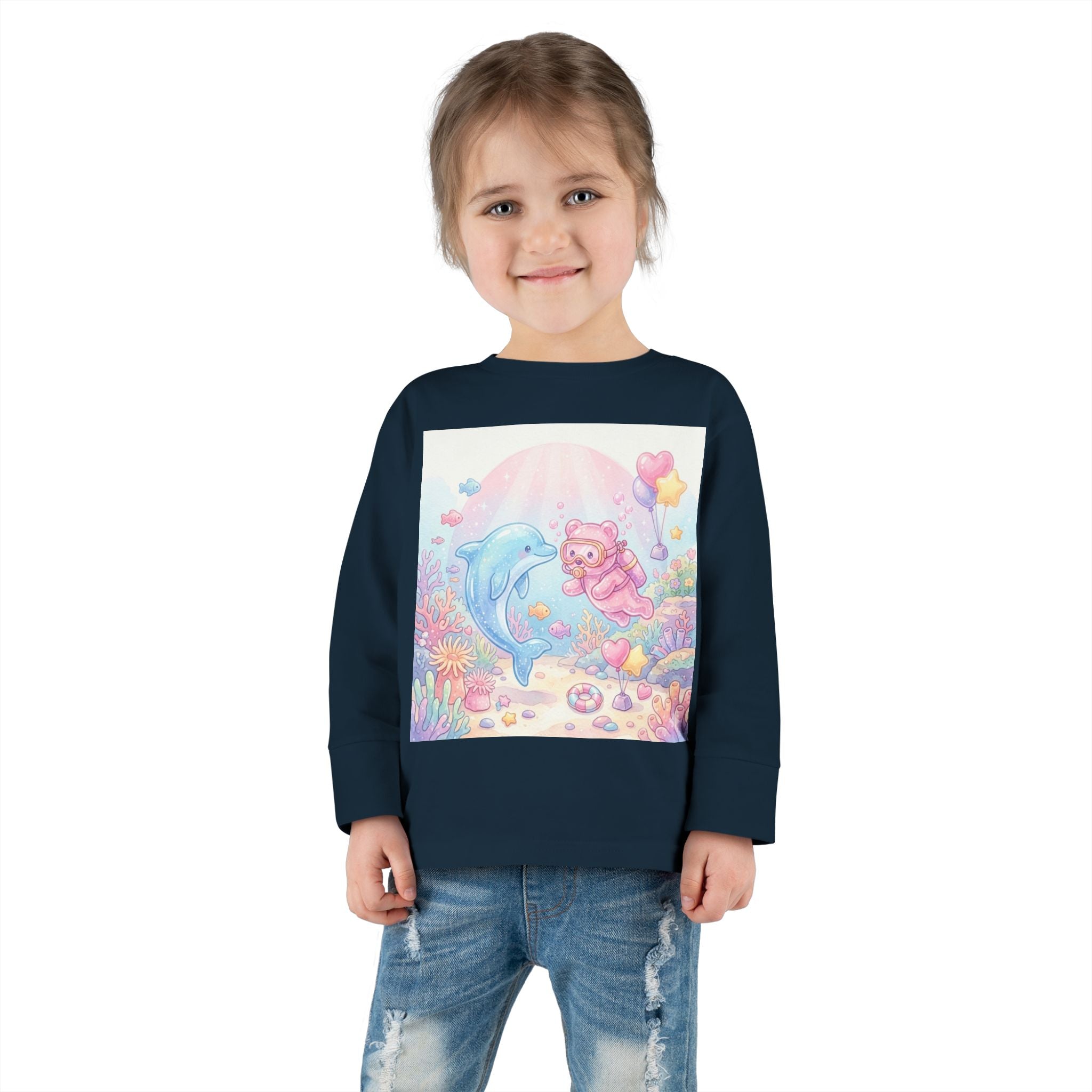 Cute Dolphin & Scuba Oozy Bear Pastel Underwater Friends- Graphic Long Sleeve Shirt