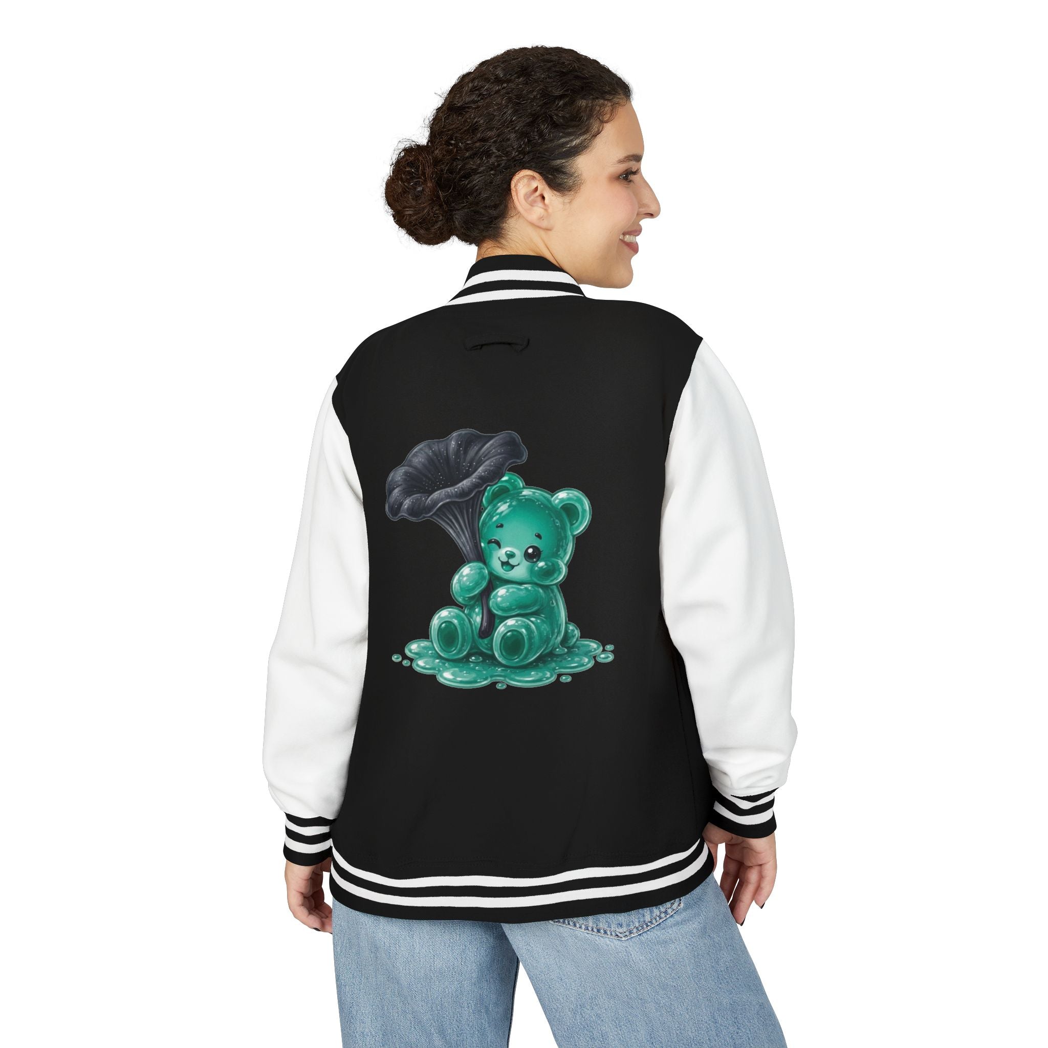Black Trumpet Mushroom, Teal Oozy Bear Gummy Friend- Letterman Graphic Jacket
