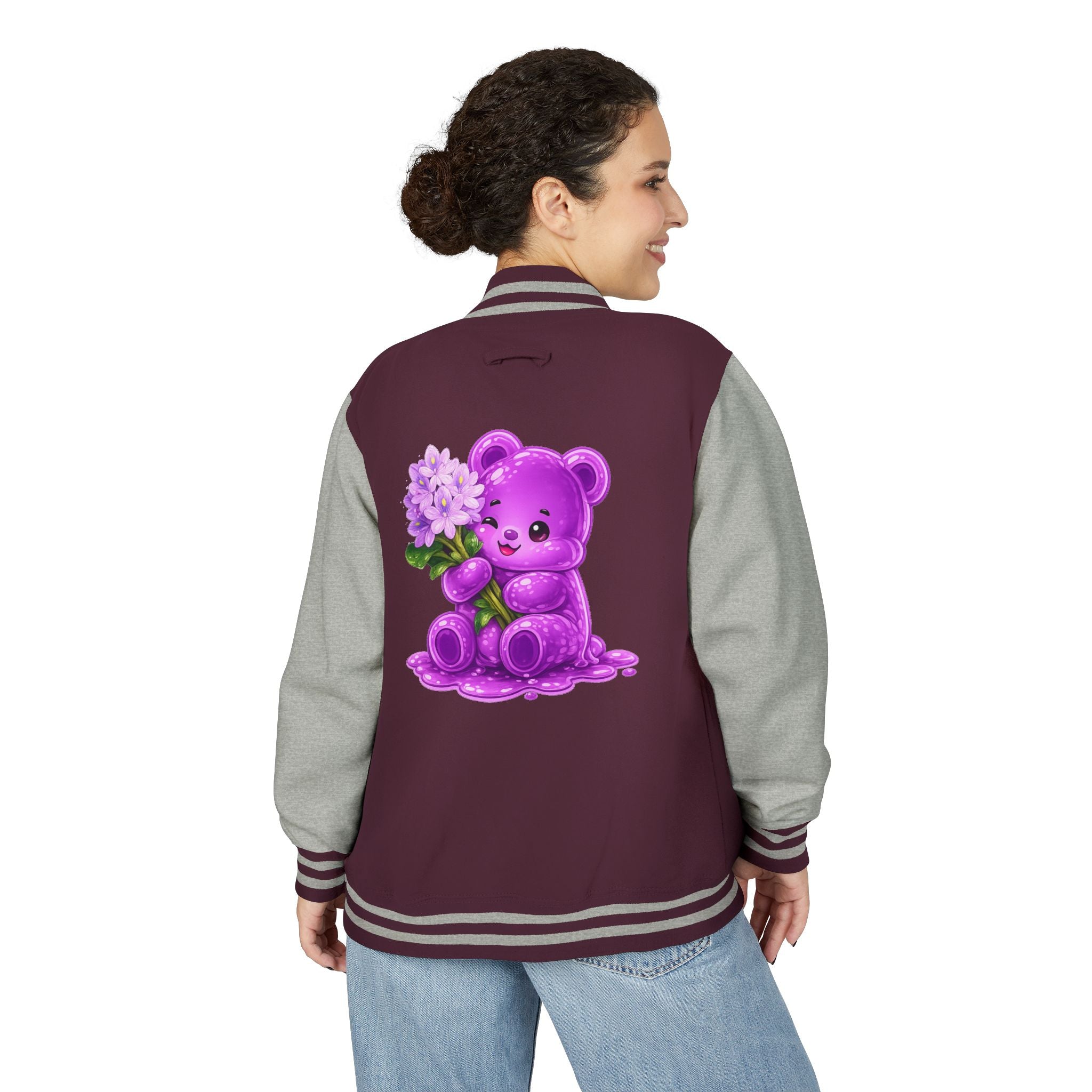 Special Purple Flower Cluster, Oozy Bear Gummy Friend- Letterman Graphic Jacket