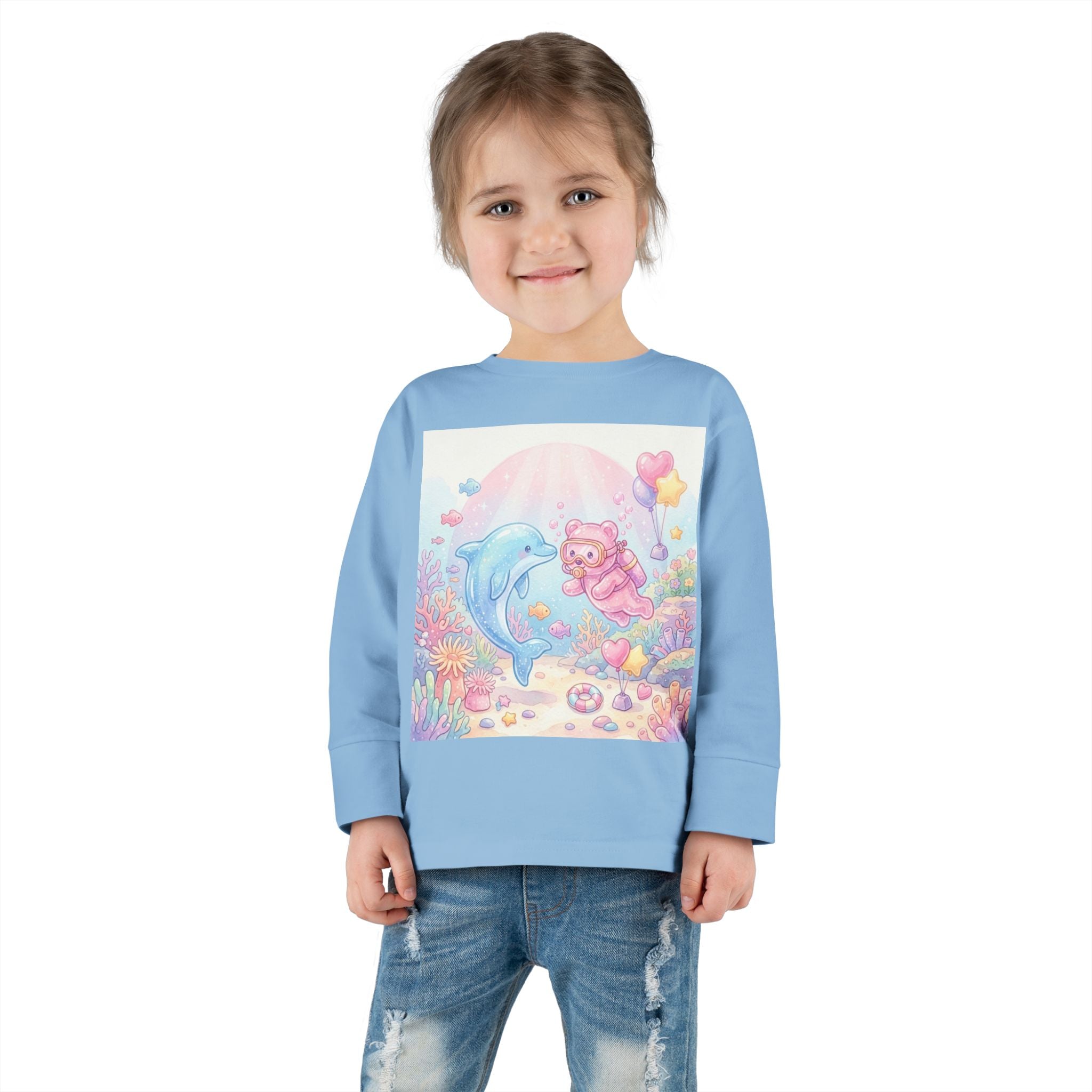 Cute Dolphin & Scuba Oozy Bear Pastel Underwater Friends- Graphic Long Sleeve Shirt