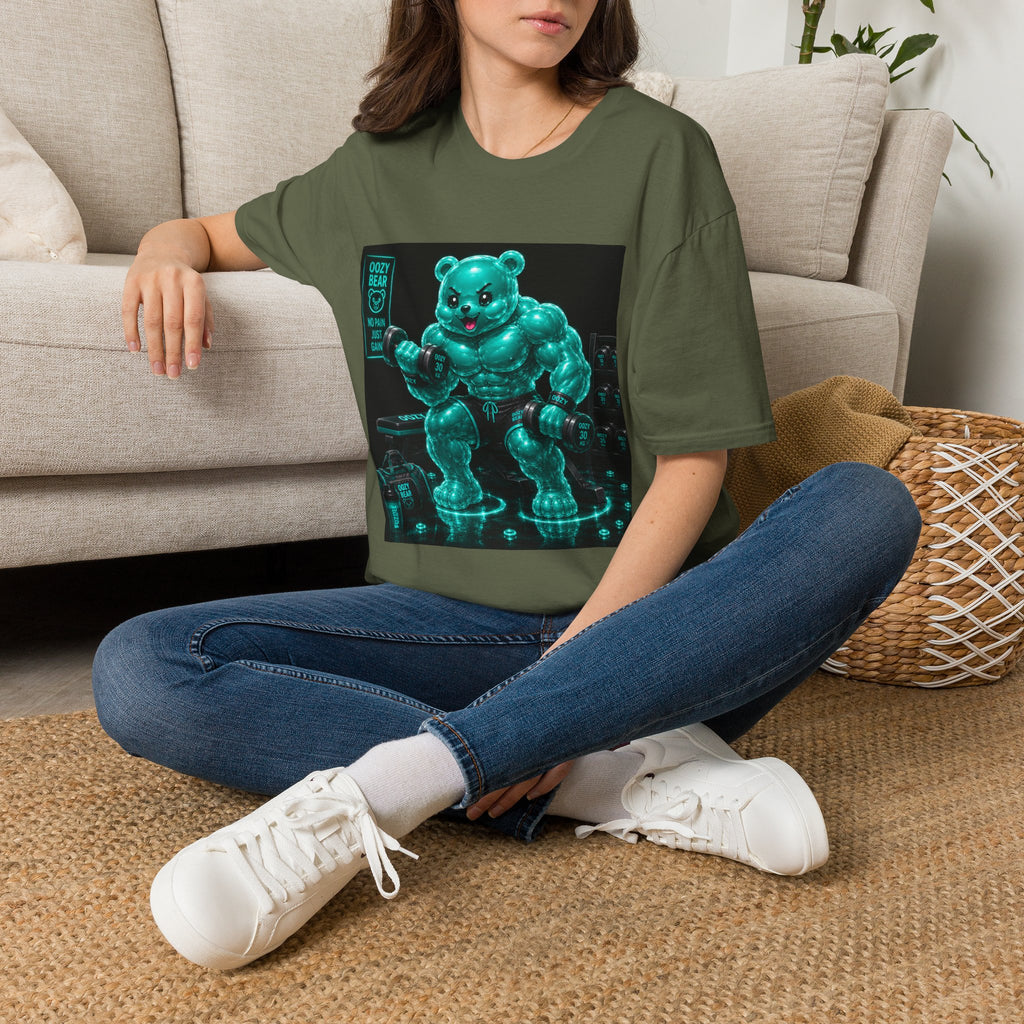 Working Out, Teal Oozy Buff Bear Gummy Gym Addition- Adult Graphic Shirt