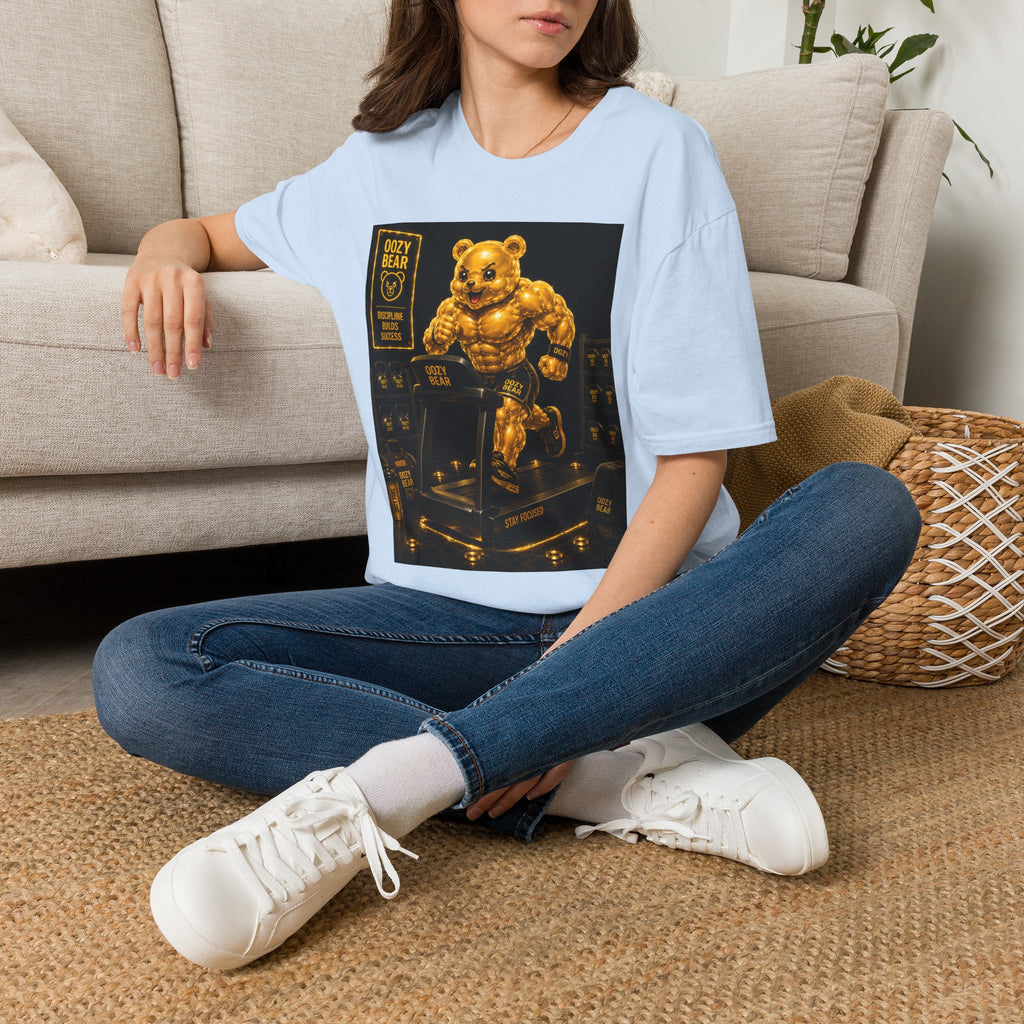 Running The Treadmill, Golden Yellow Oozy Buff Bear Workout- Adult Graphic Shirt