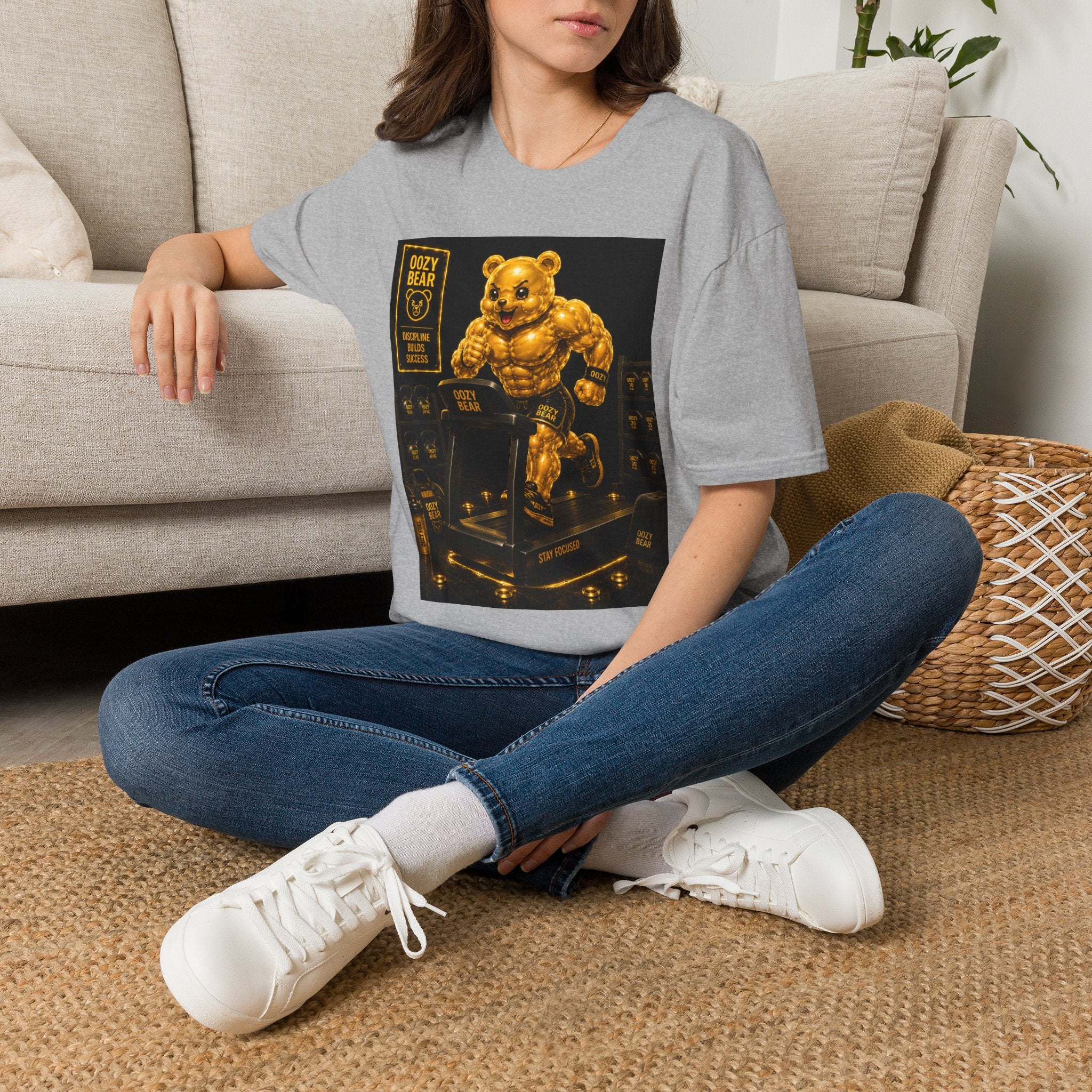Running The Treadmill, Golden Yellow Oozy Buff Bear Workout- Adult Graphic Shirt