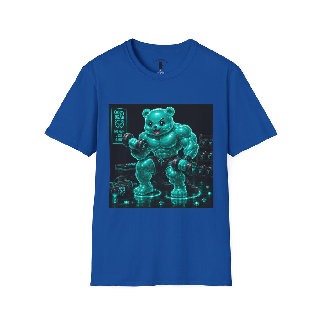 Working Out, Teal Oozy Buff Bear Gummy Gym Addition- Adult Graphic Shirt