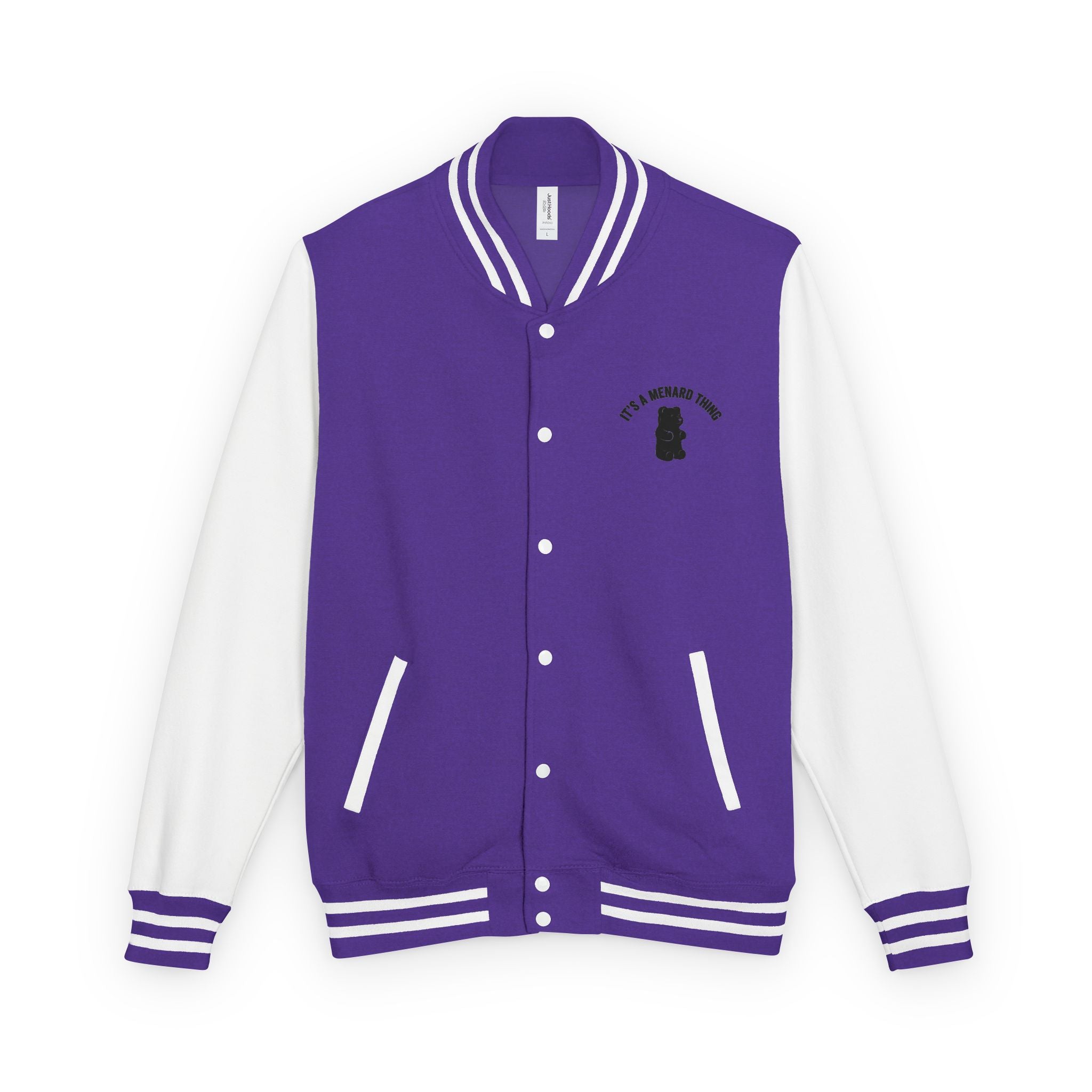 White Mushroom Umbrella, Black Gooey Gummy Bear — Kawaii Graphic Varsity Jacket