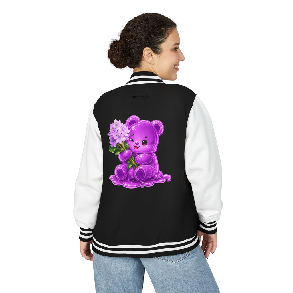 Special Purple Flower Cluster, Oozy Bear Gummy Friend- Letterman Graphic Jacket