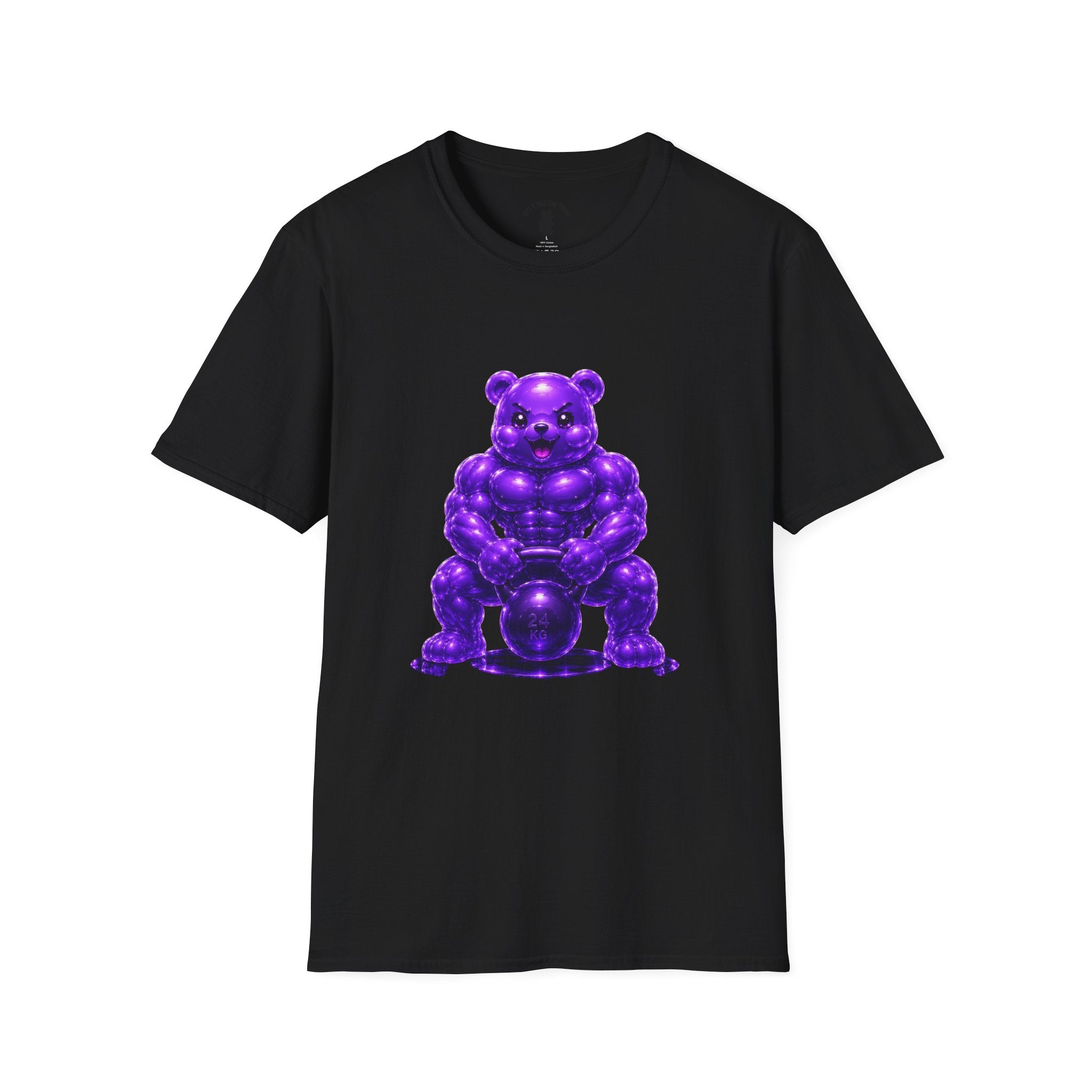 Brawny Violet Oozy Buff Bear with Kettleball Weight- Adult Graphic Shirt (18+)