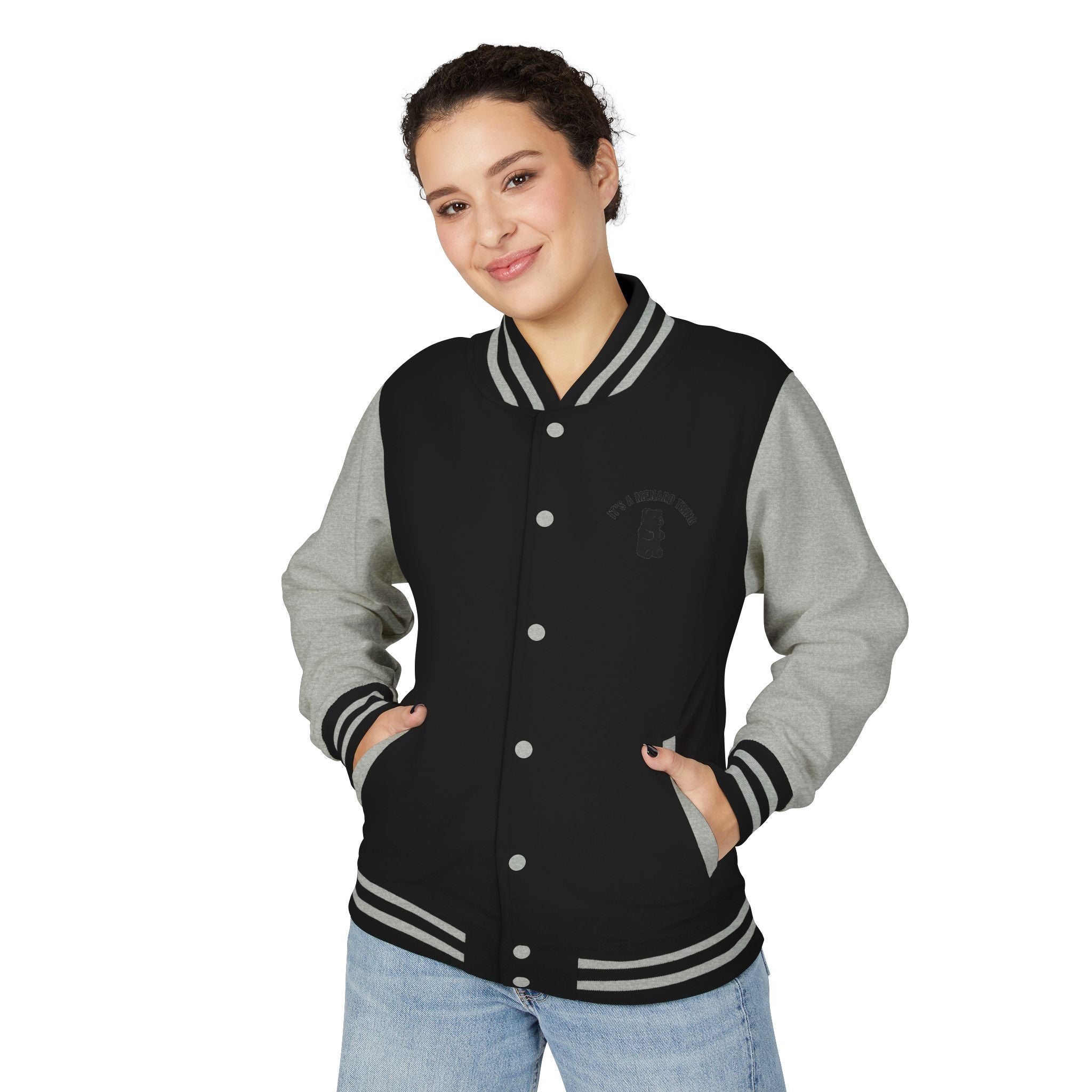 Pretty Orange and Teal Mushroom, Gooey Gummy Bear Friend — Kawaii Graphic Varsity Jacket