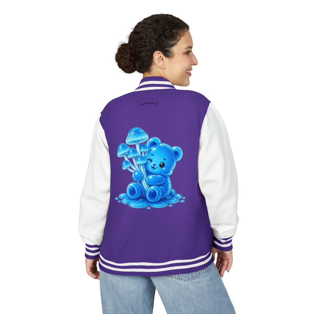 Pretty Blue Mushrooms, Gooey Gummy Bear Friend — Kawaii Graphic Varsity Jacket