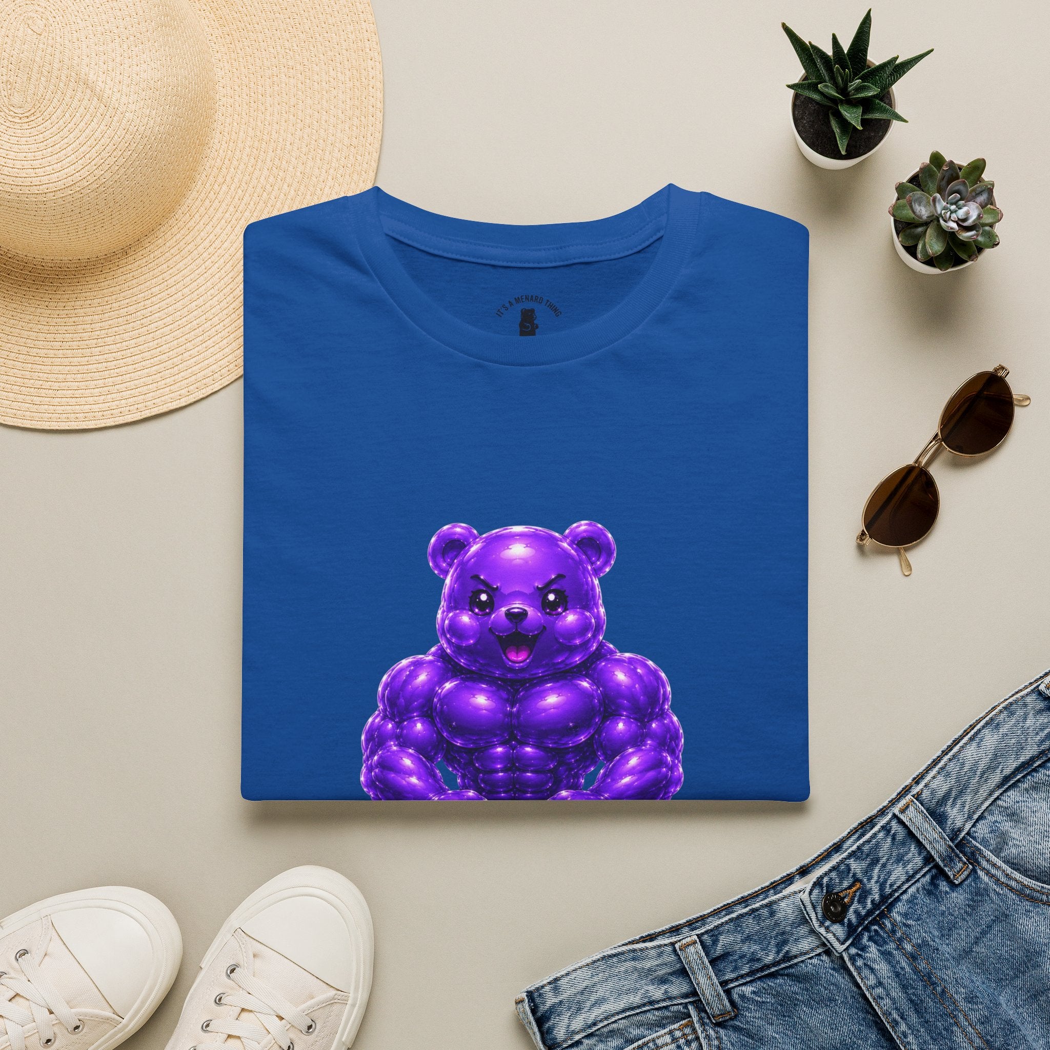Brawny Violet Oozy Buff Bear with Kettleball Weight- Adult Graphic Shirt (18+)