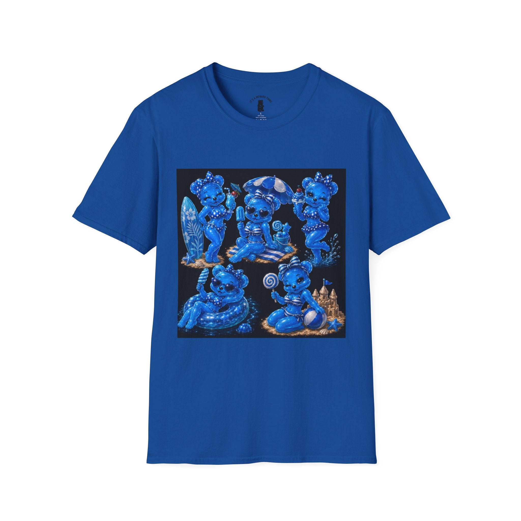 Retro Kawaii Blue Oozy Bear Pin Up Beach Babe- Adult Graphic Shirt (18+)
