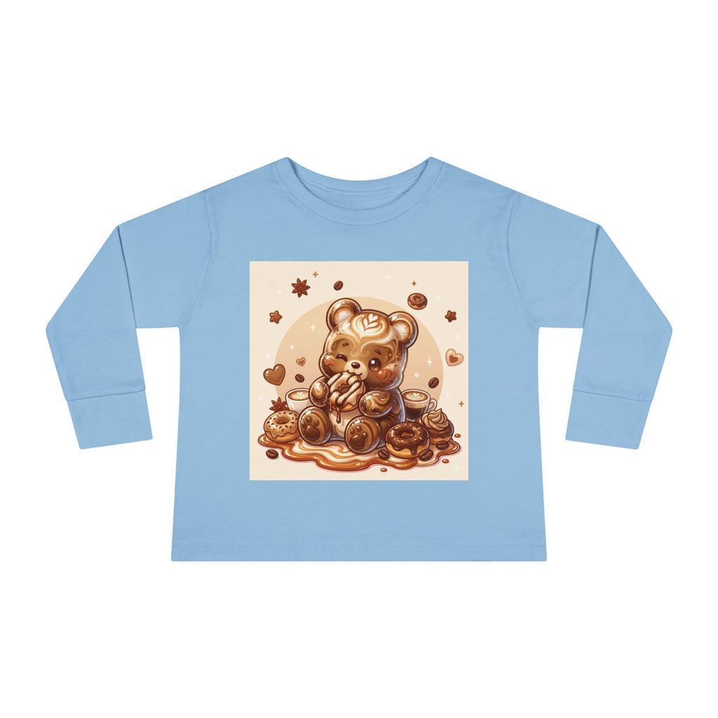 Coffee & Donuts with Chocolate, Oozy Bear Gummy Girls— Kids Illustrated Long Sleeve Shirt