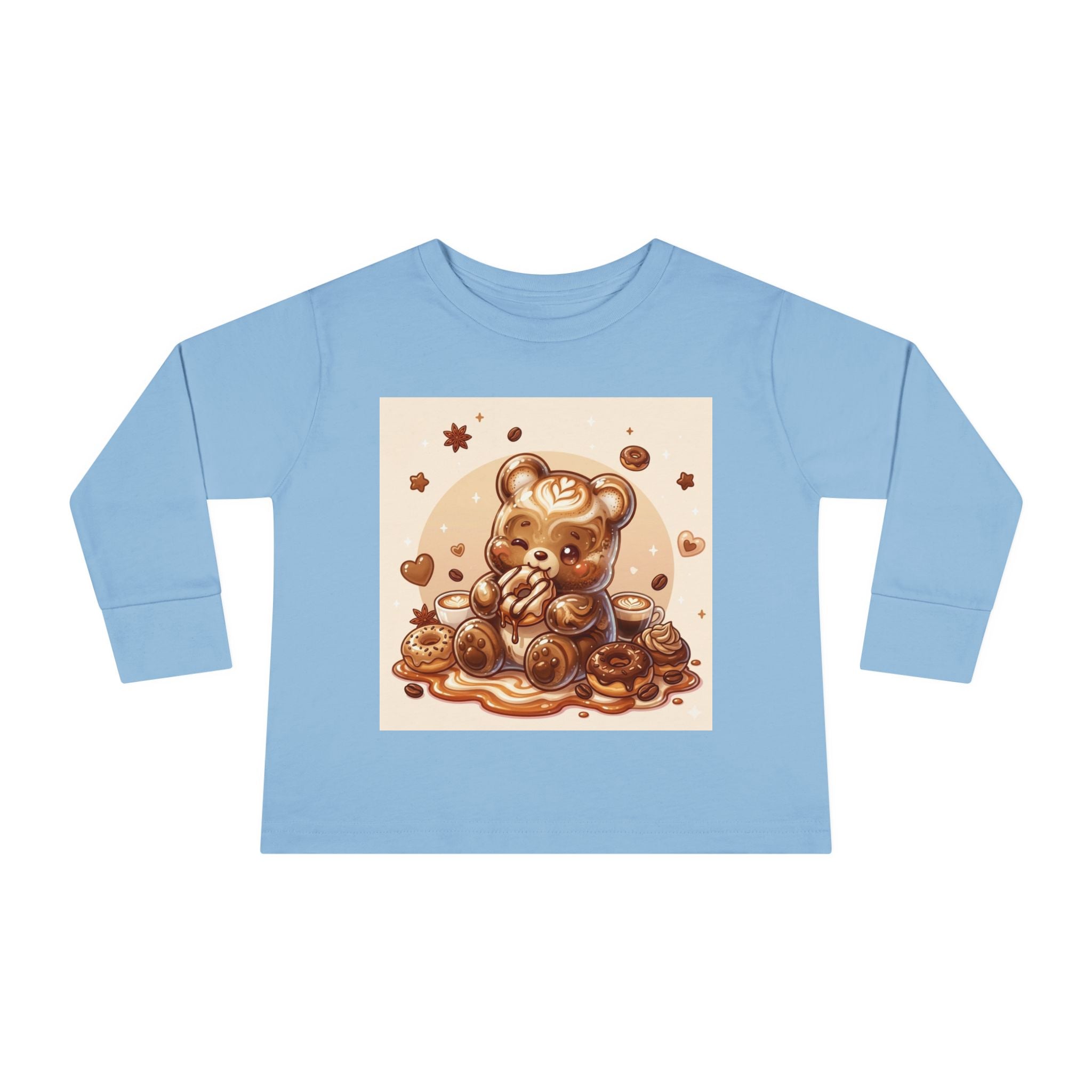Coffee & Donuts with Chocolate, Oozy Bear Gummy Girls— Kids Illustrated Long Sleeve Shirt