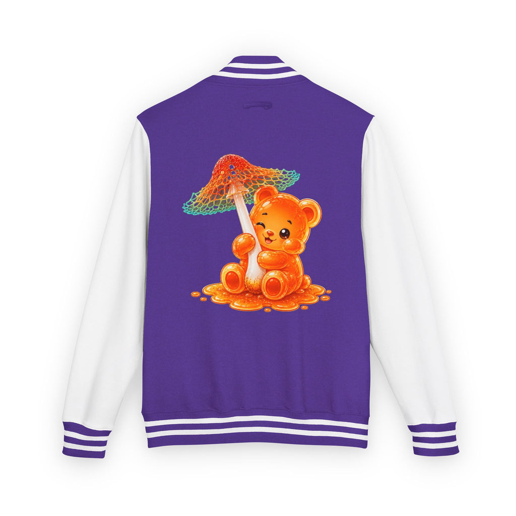 Pretty Orange and Teal Mushroom, Gooey Gummy Bear Friend — Kawaii Graphic Varsity Jacket