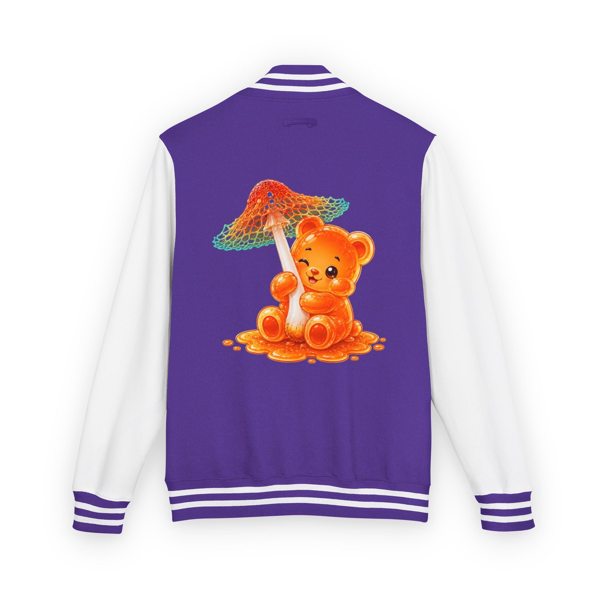 Pretty Orange and Teal Mushroom, Gooey Gummy Bear Friend — Kawaii Graphic Varsity Jacket