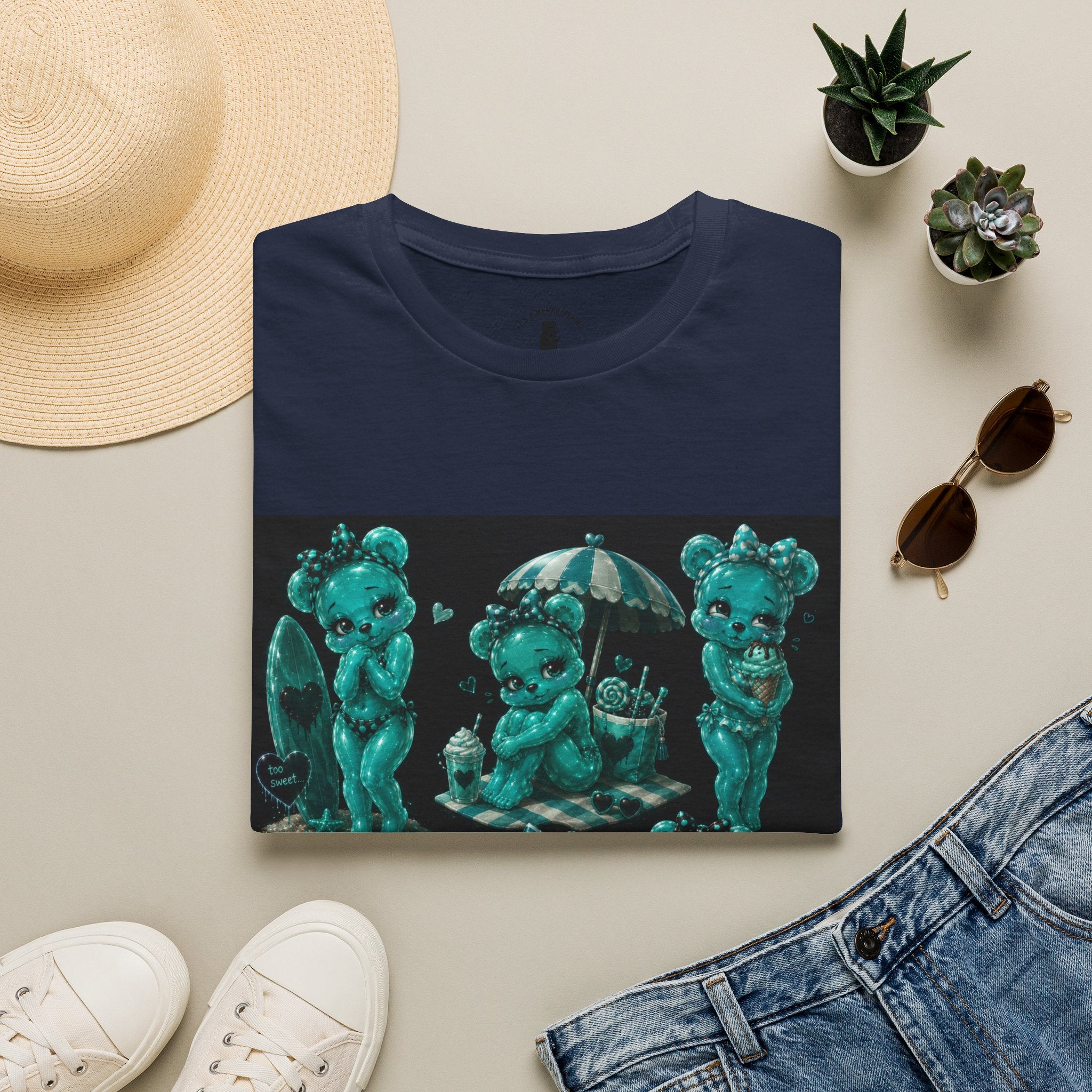 Kawaii Shy Teal Beach Babe Oozy Bear Gummy Pin Up- Adult Graphic Shirt (18+)