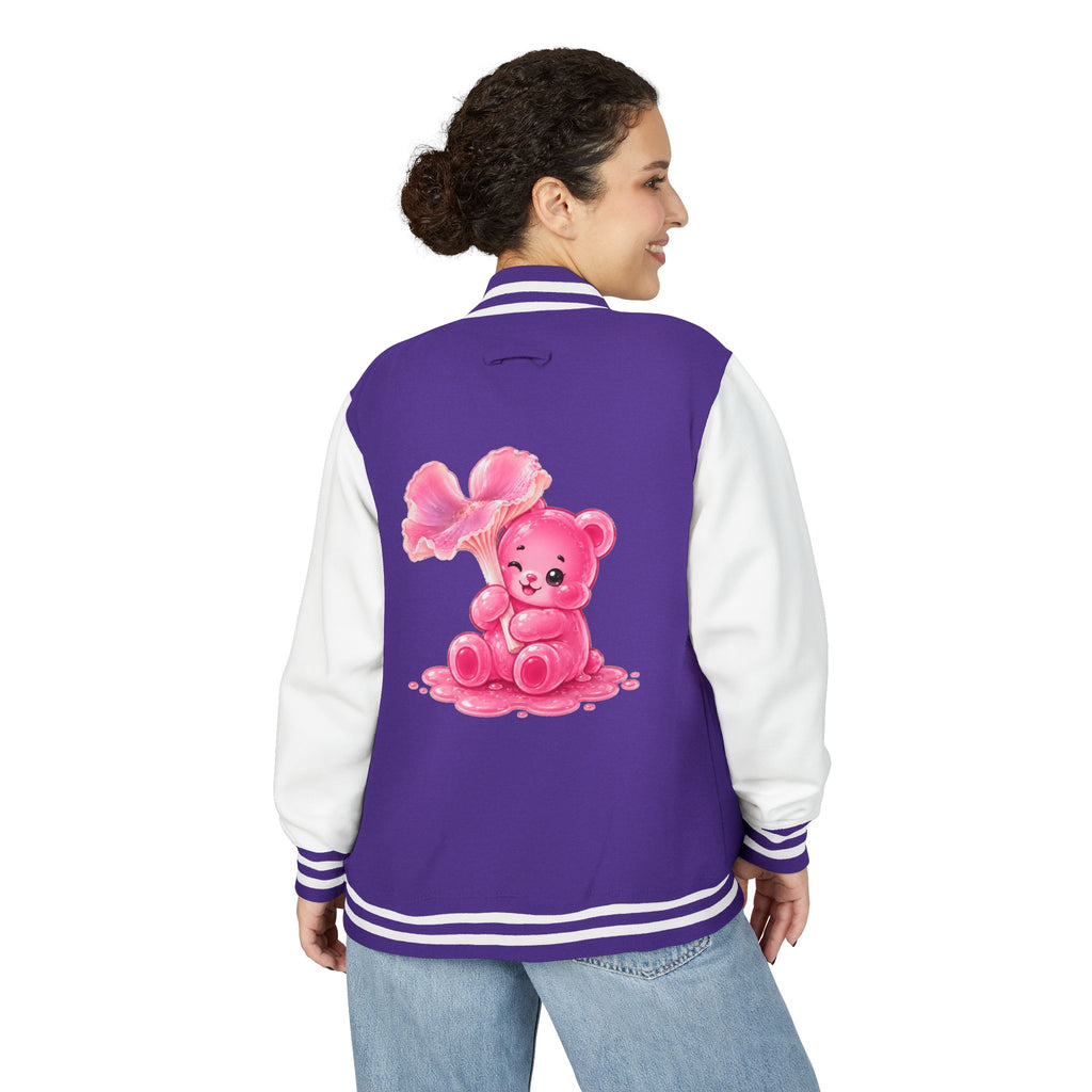 Pink Wax Cap Mushroom, Gooey Gummy Bear Friend — Kawaii Graphic Varsity Jacket