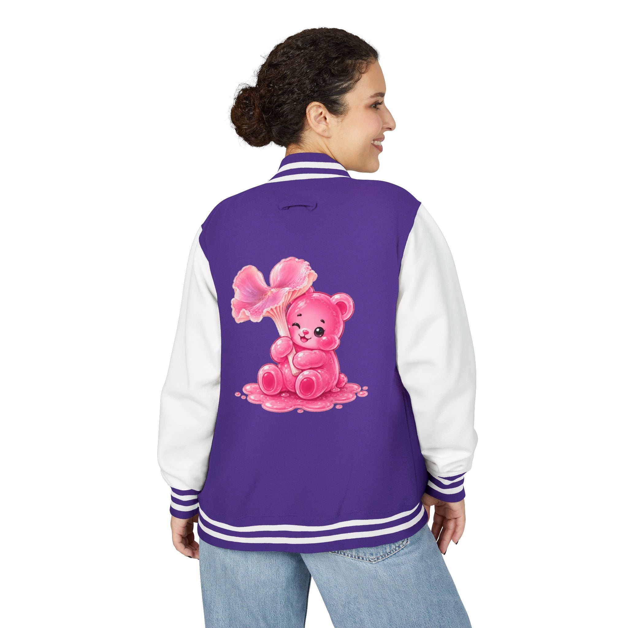 Pink Wax Cap Mushroom, Gooey Gummy Bear Friend — Kawaii Graphic Varsity Jacket