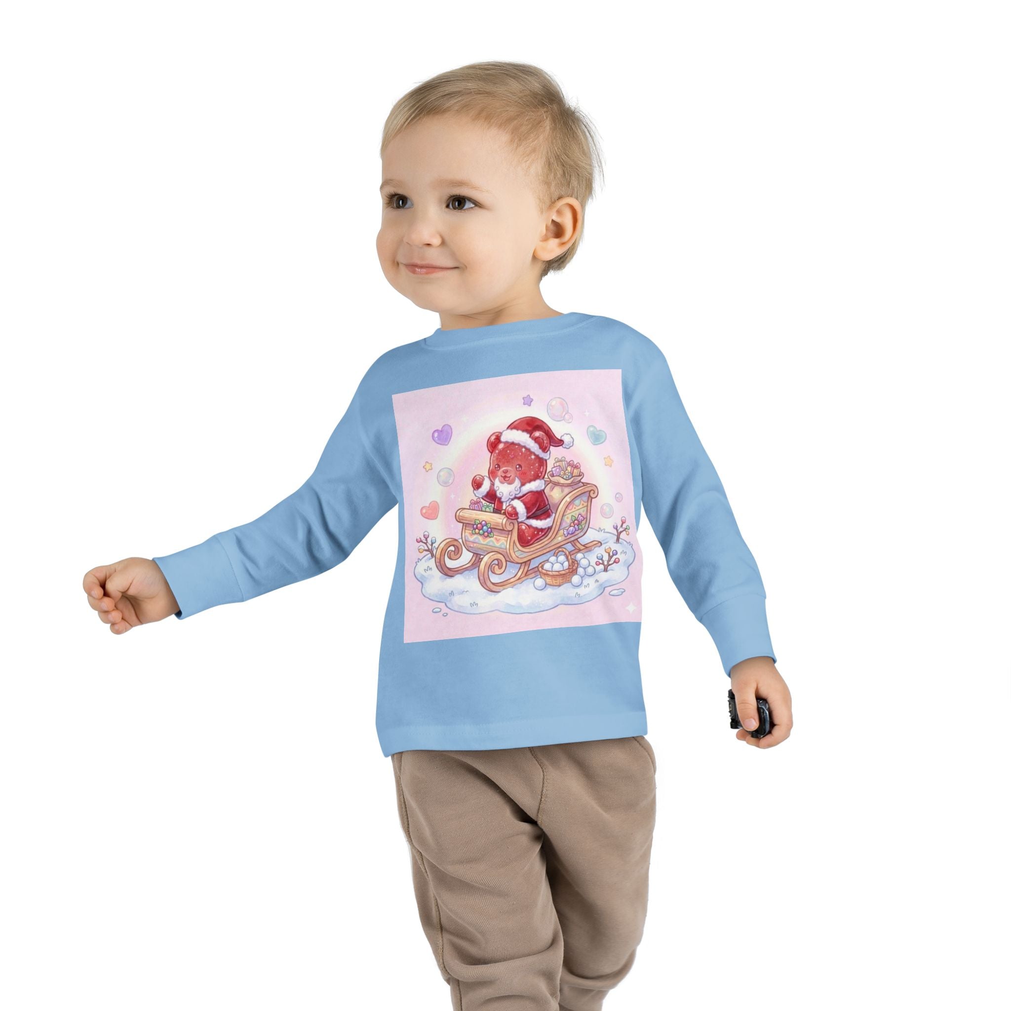 Cute Santa Oozy Bear in Sleigh Christmas- Graphic Long Sleeve Shirt