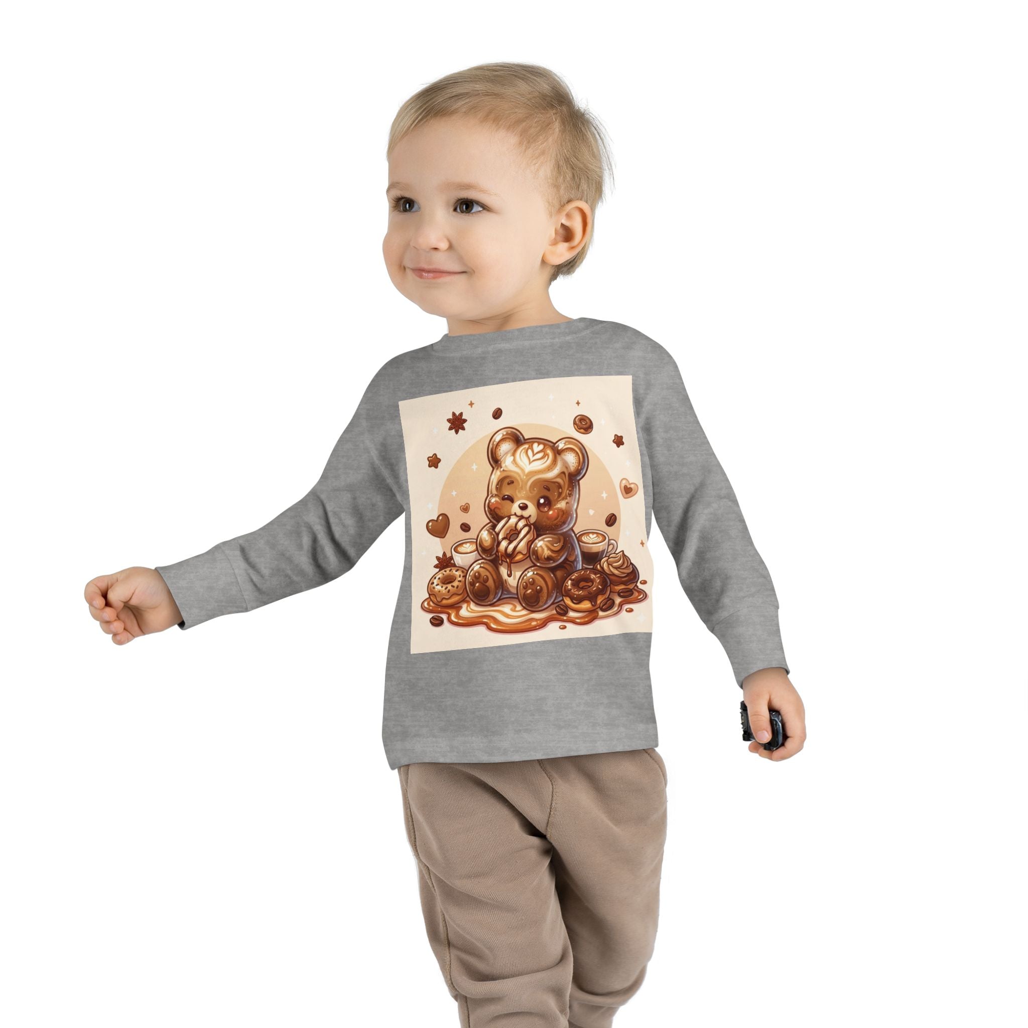 Coffee & Donuts with Chocolate, Oozy Bear Gummy Girls— Kids Illustrated Long Sleeve Shirt