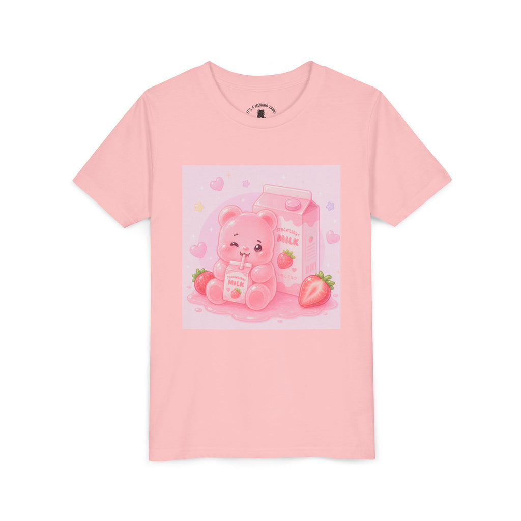 Kids' Pink Strawberry Milk Gooey Gummy Bear— Cute Youth Short Sleeve Shirt