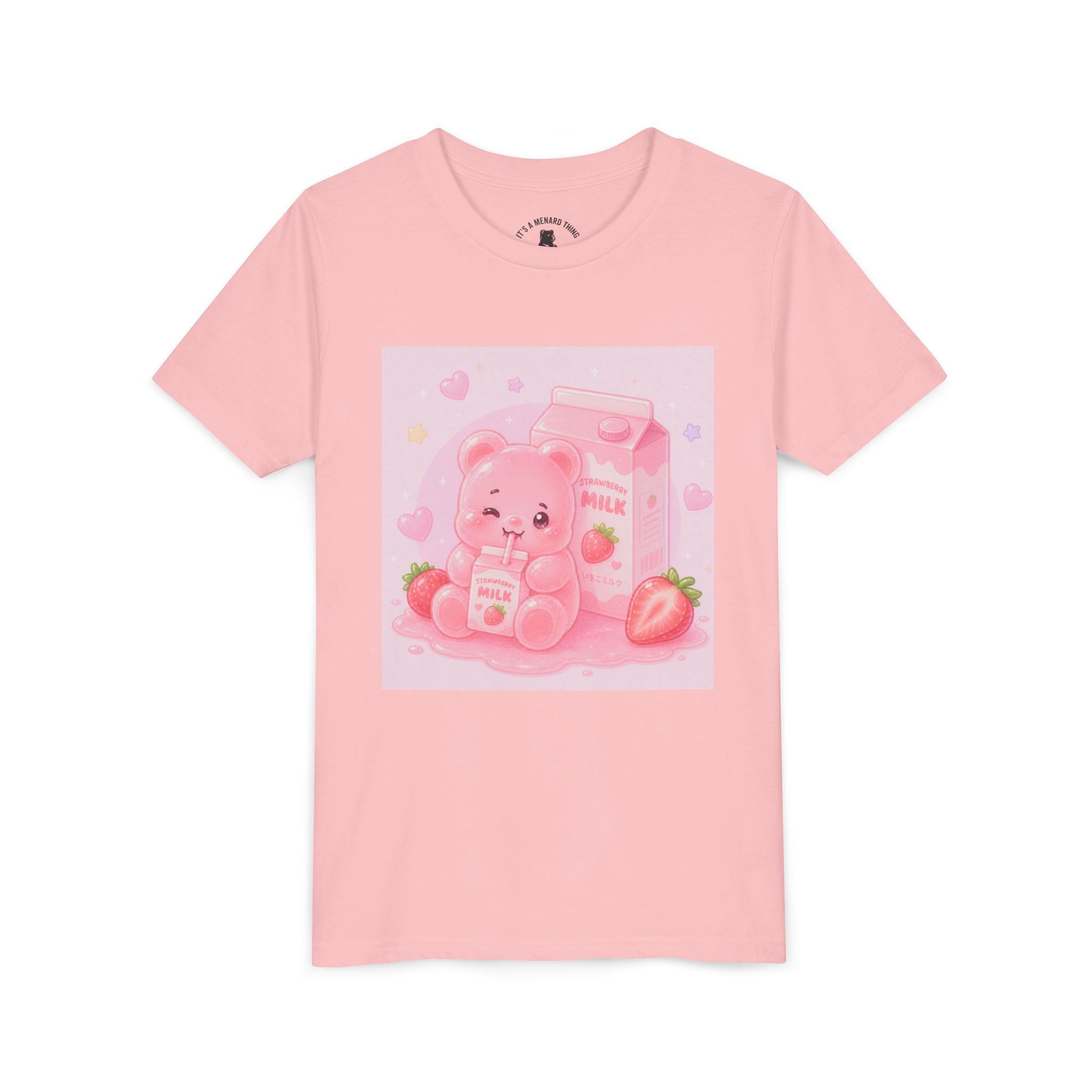 Kids' Pink Strawberry Milk Gooey Gummy Bear— Cute Youth Short Sleeve Shirt