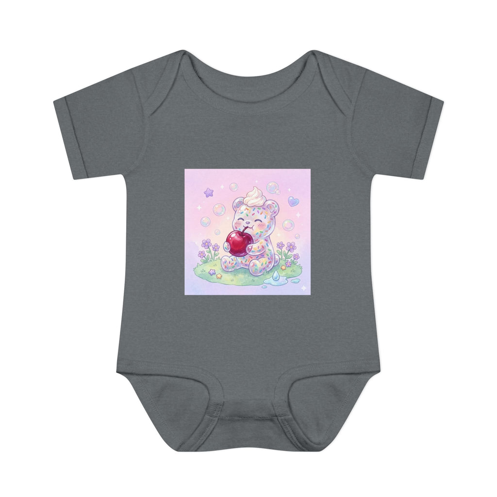 Gooey Gummy Birthday Sprinkles Cake bear eating a Cherry- Infant Onesie