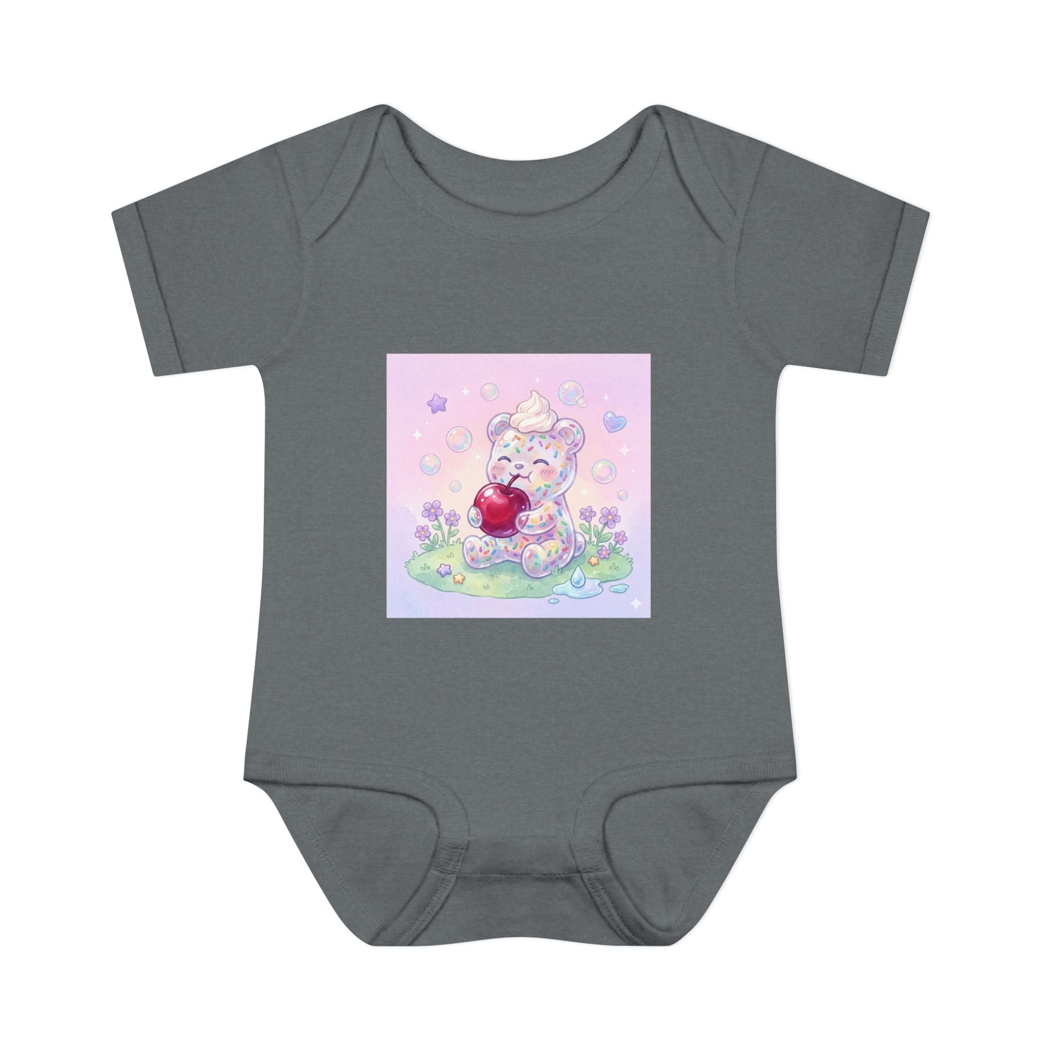 Gooey Gummy Birthday Sprinkles Cake bear eating a Cherry- Infant Onesie
