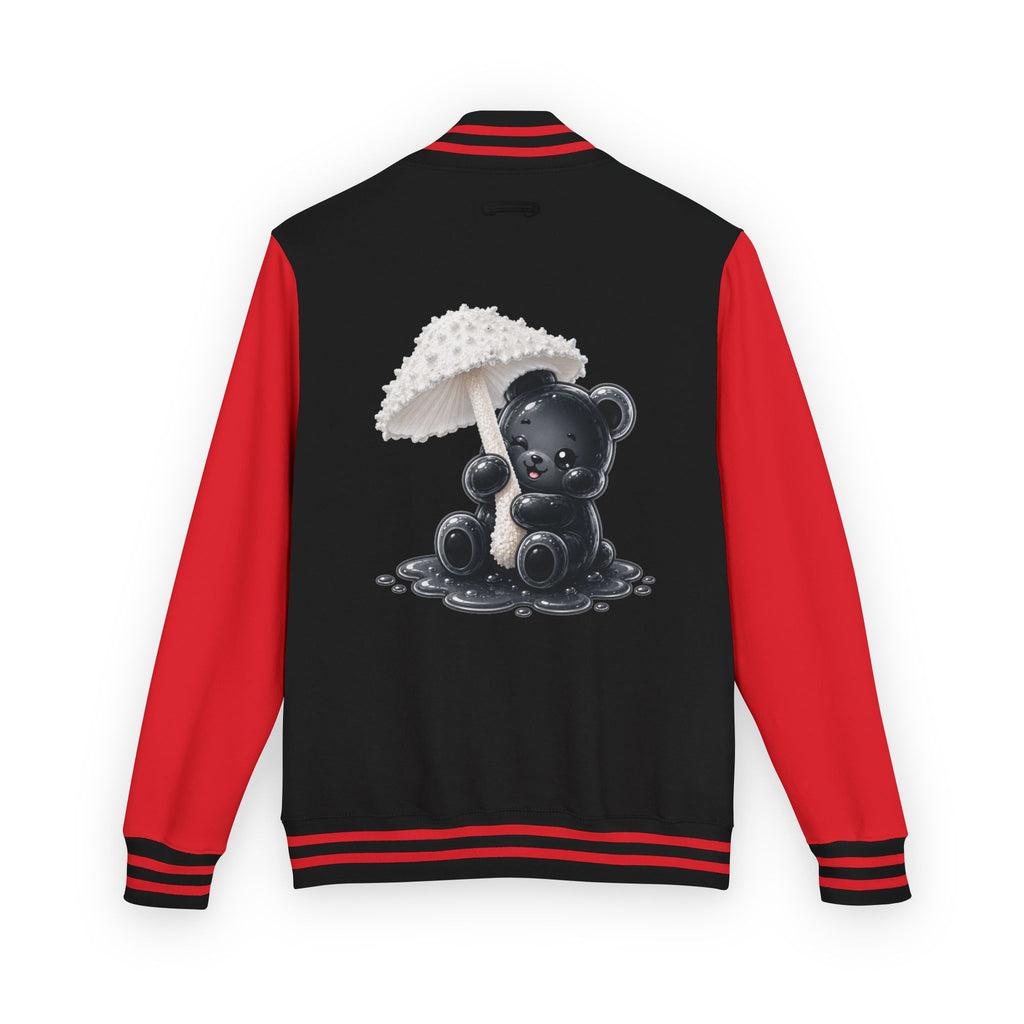White Mushroom Umbrella, Black Gooey Gummy Bear — Kawaii Graphic Varsity Jacket