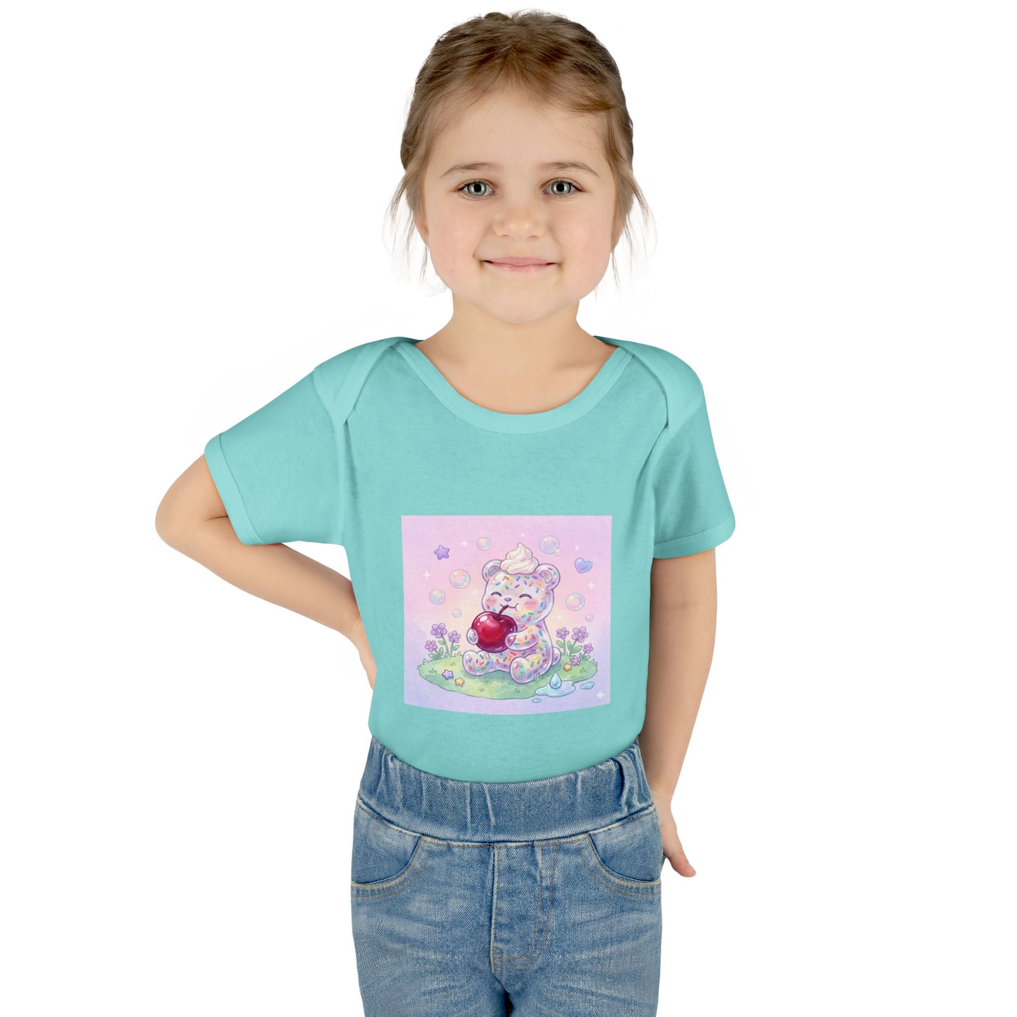 Gooey Gummy Birthday Sprinkles Cake bear eating a Cherry- Infant Onesie