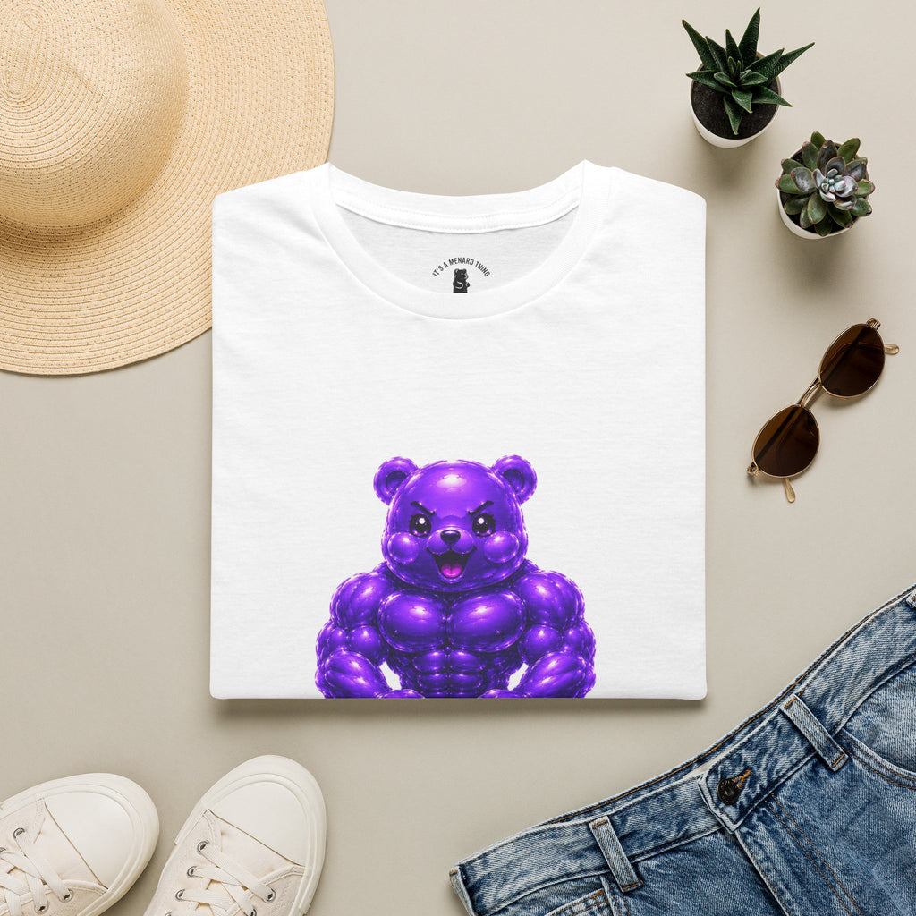 Brawny Violet Oozy Buff Bear with Kettleball Weight- Adult Graphic Shirt (18+)