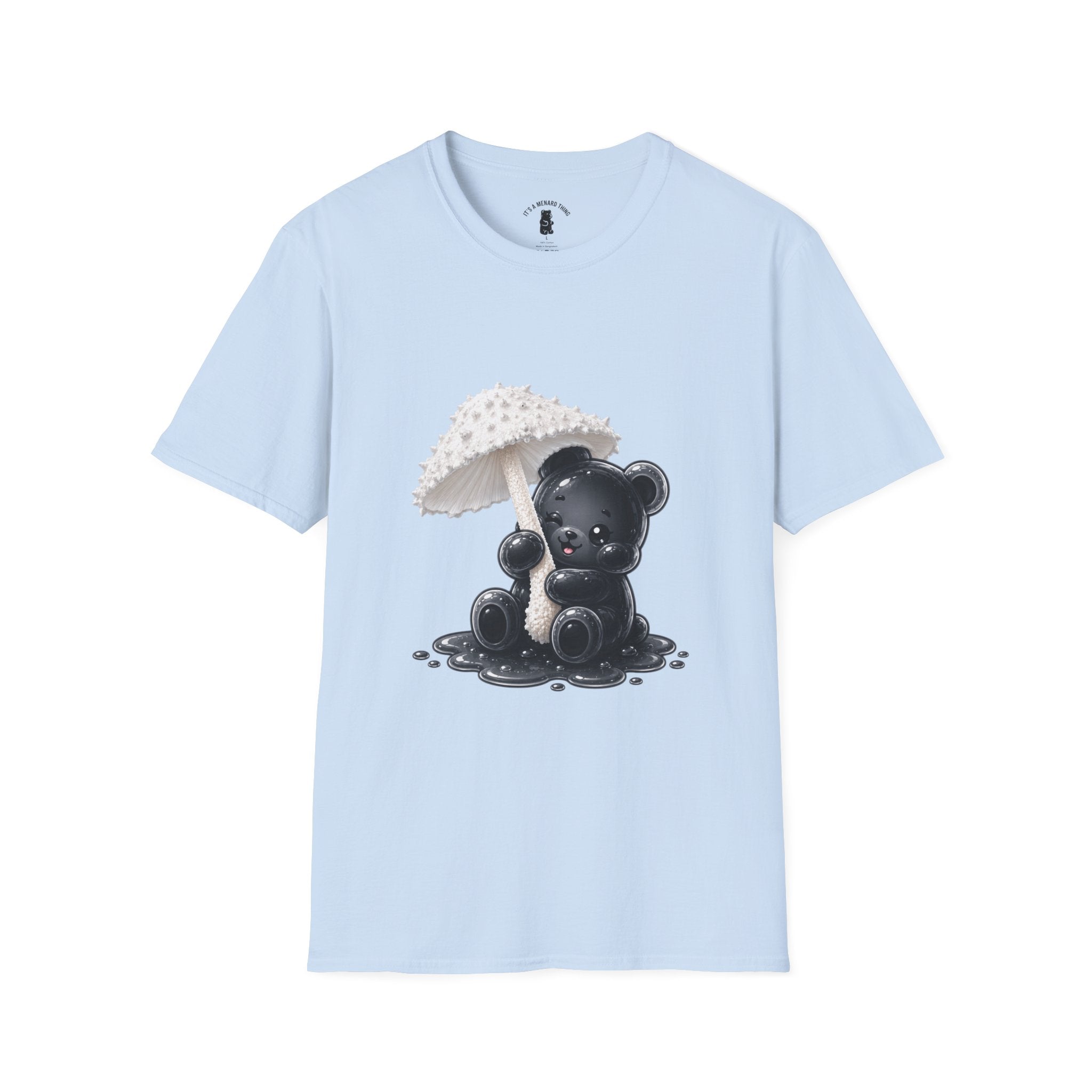 Beautiful Veiled White Mushroom, Black Oozy Bear Gummy Friend- Graphic Shirt