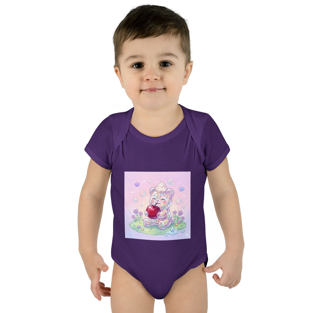 Gooey Gummy Birthday Sprinkles Cake bear eating a Cherry- Infant Onesie