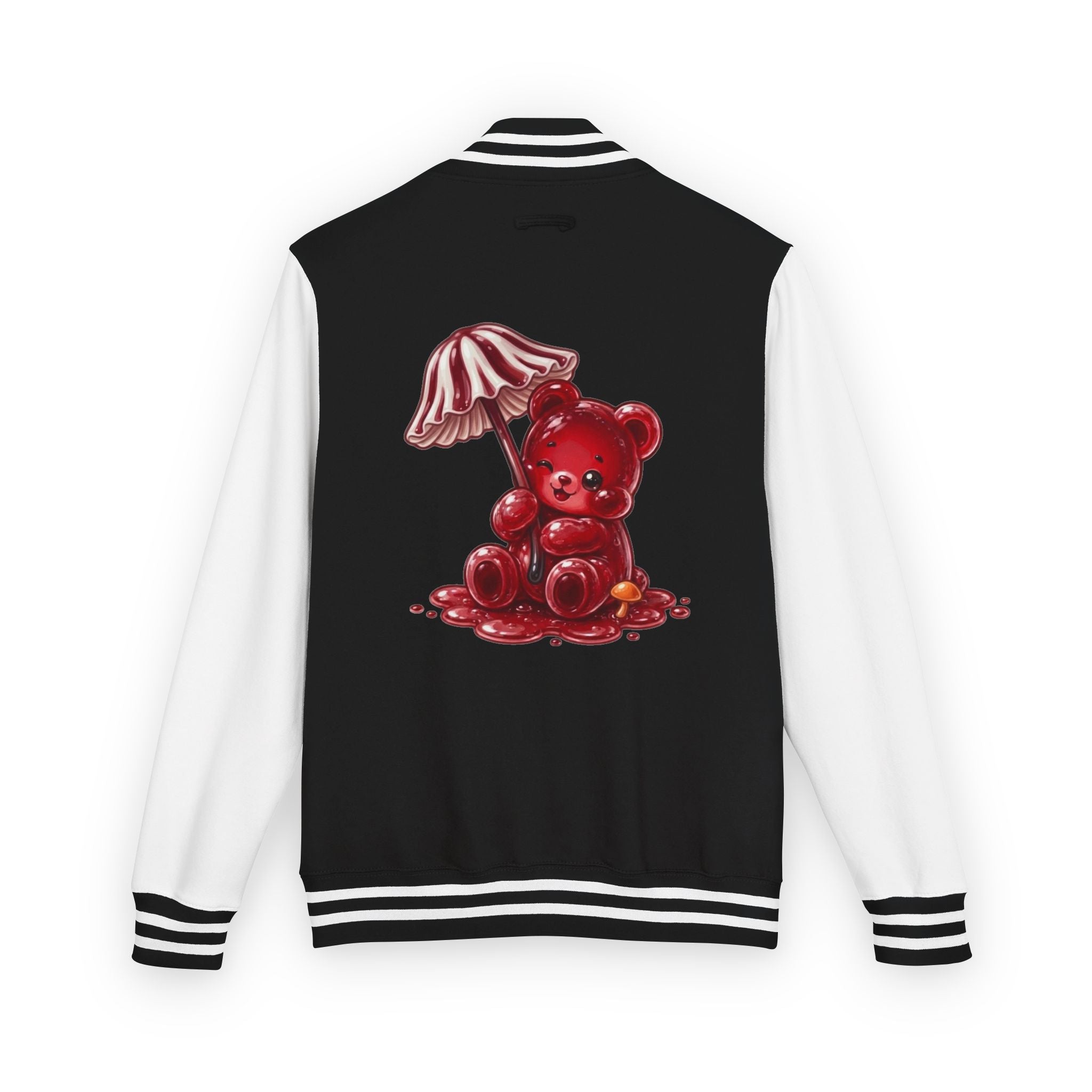 Red Stripped Mushroom Umbrella, Oozy Bear Gummy- Letterman Graphic Jacket