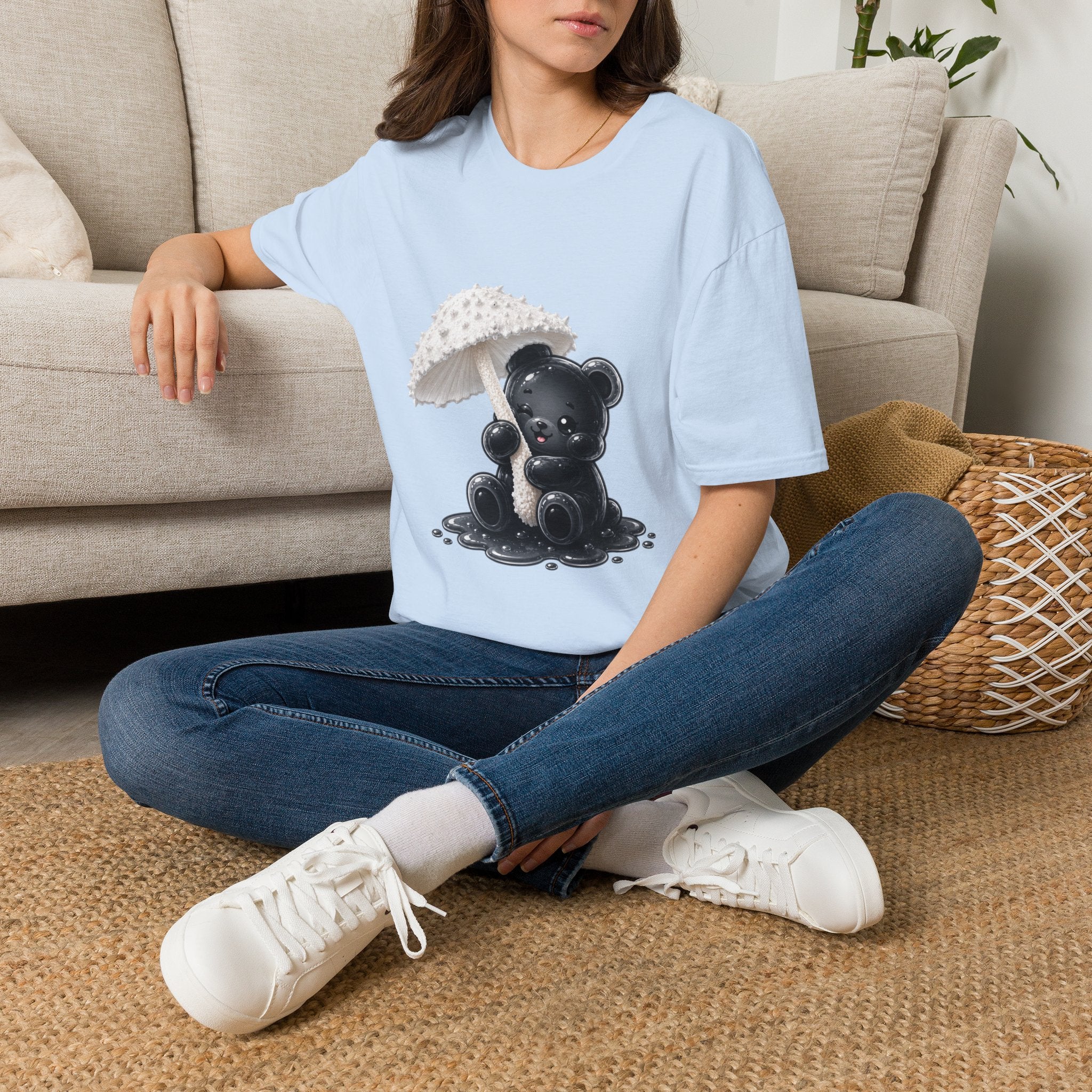 Beautiful Veiled White Mushroom, Black Oozy Bear Gummy Friend- Graphic Shirt