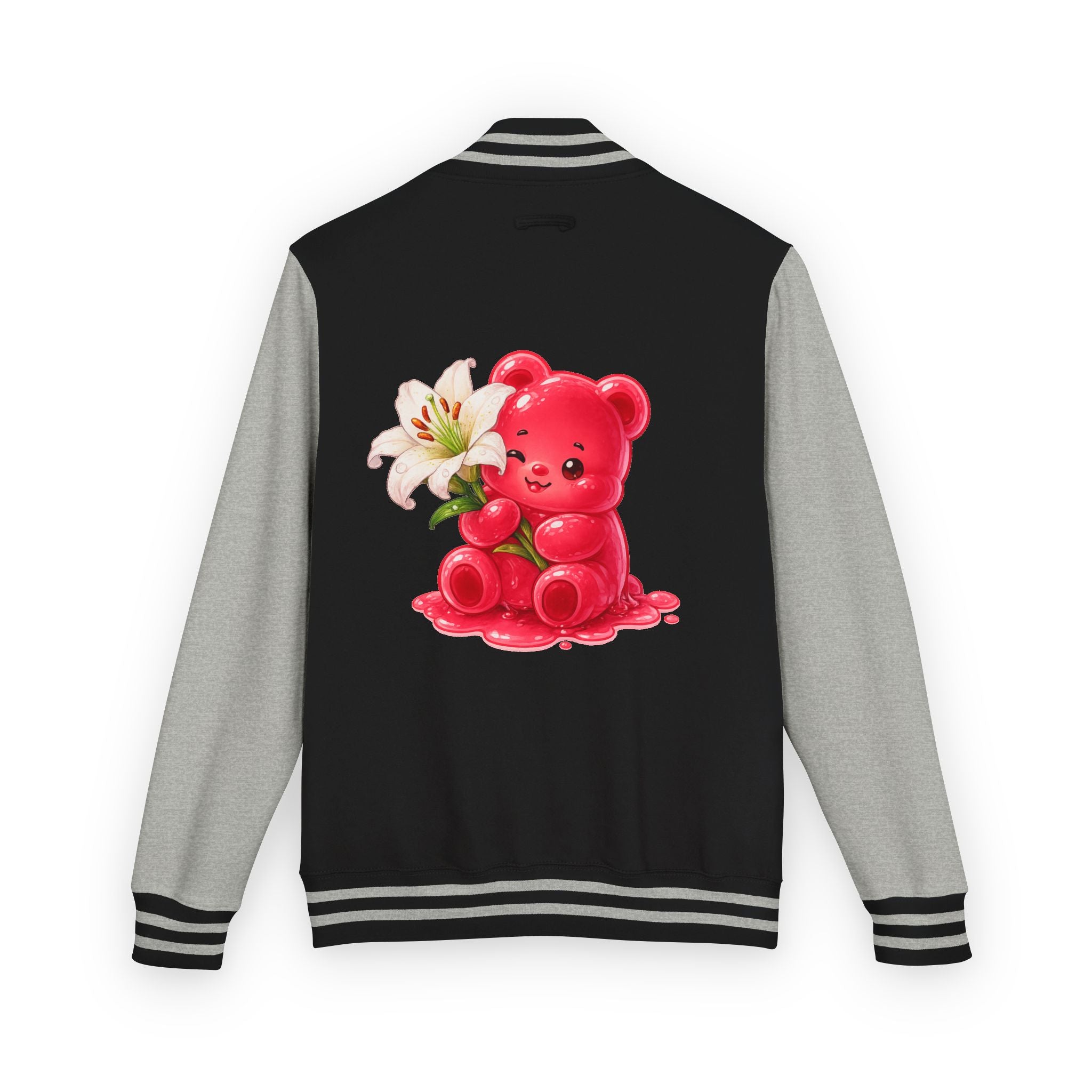 White Lilies, Red Gooey Gummy Friend — Kawaii Graphic Varsity Jacket