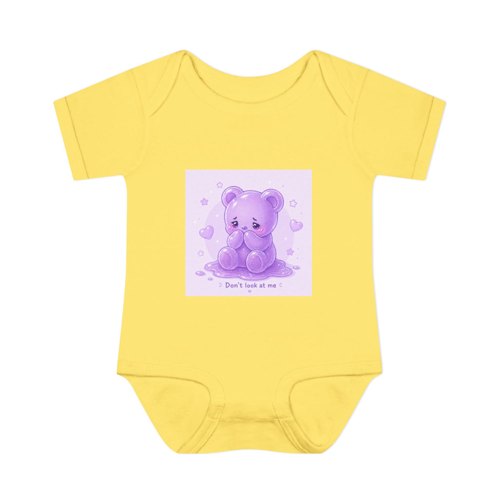 Purple Gooey Gummy Shy bear Baby Bodysuit - "Don't Look at Me" Cute Infant Onesie