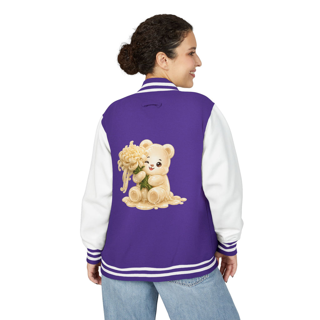 Creamy White Chrysanthemum Flower Addition, White Oozy Bear Gummy Friend- Lettermen Graphic Jacket