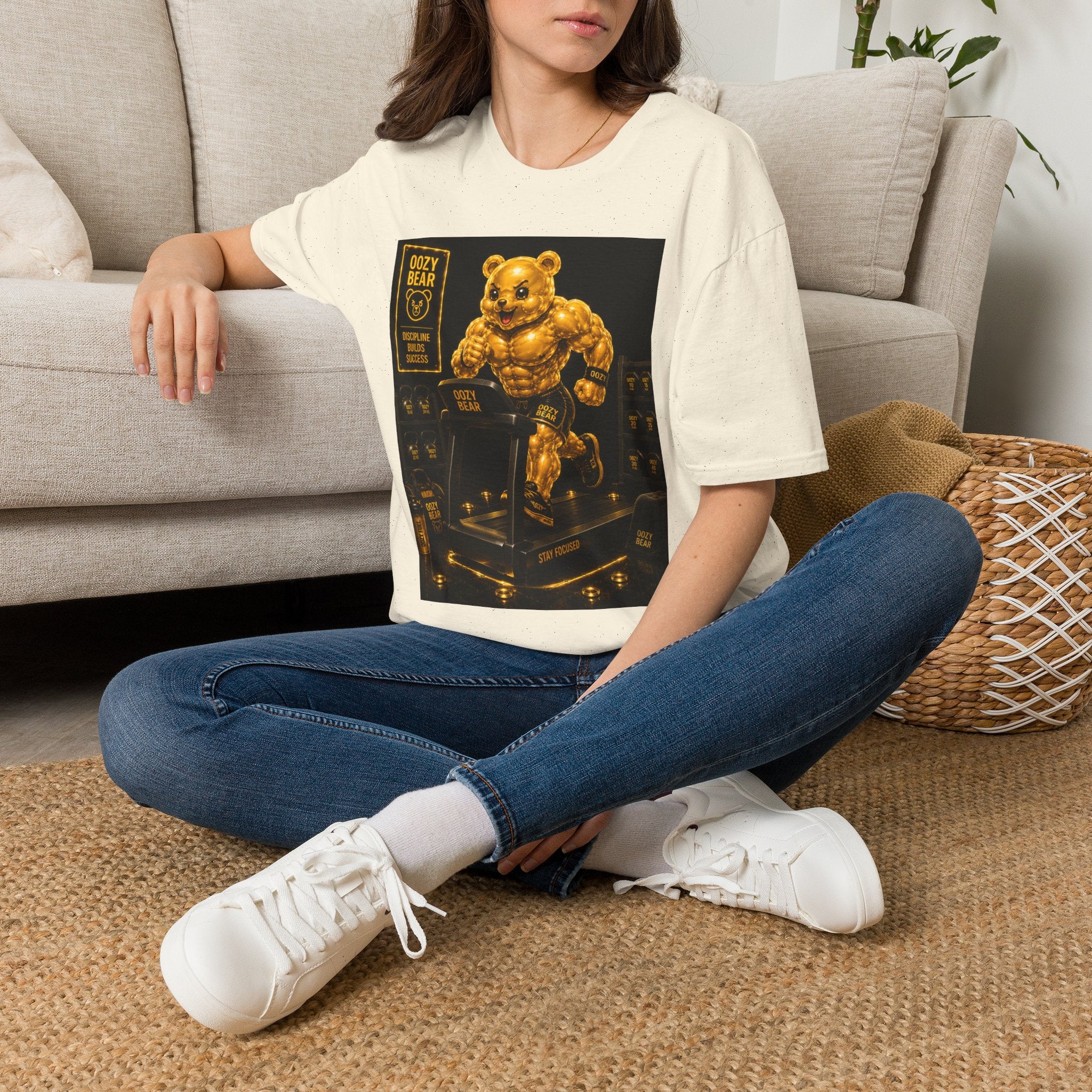 Running The Treadmill, Golden Yellow Oozy Buff Bear Workout- Adult Graphic Shirt