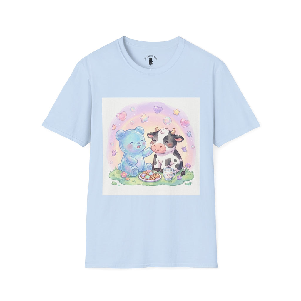 Blue Gooey Gummy Friend sharing Milk & Cookies — Pastel Graphic T-Shirt