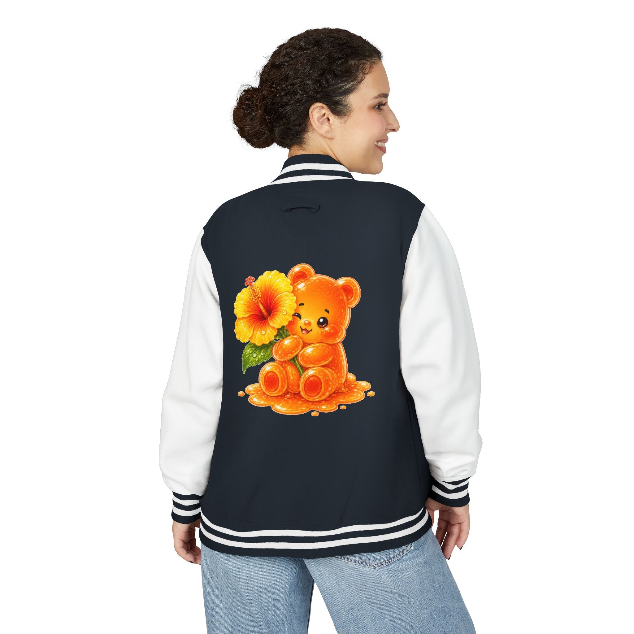 Golden Hibiscus, Yellow Gooey Gummy Bear Friend- Kawaii Varsity Jacket
