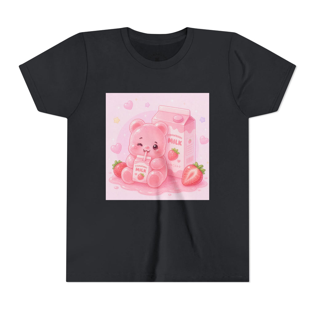 Kids' Pink Strawberry Milk Gooey Gummy Bear— Cute Youth Short Sleeve Shirt