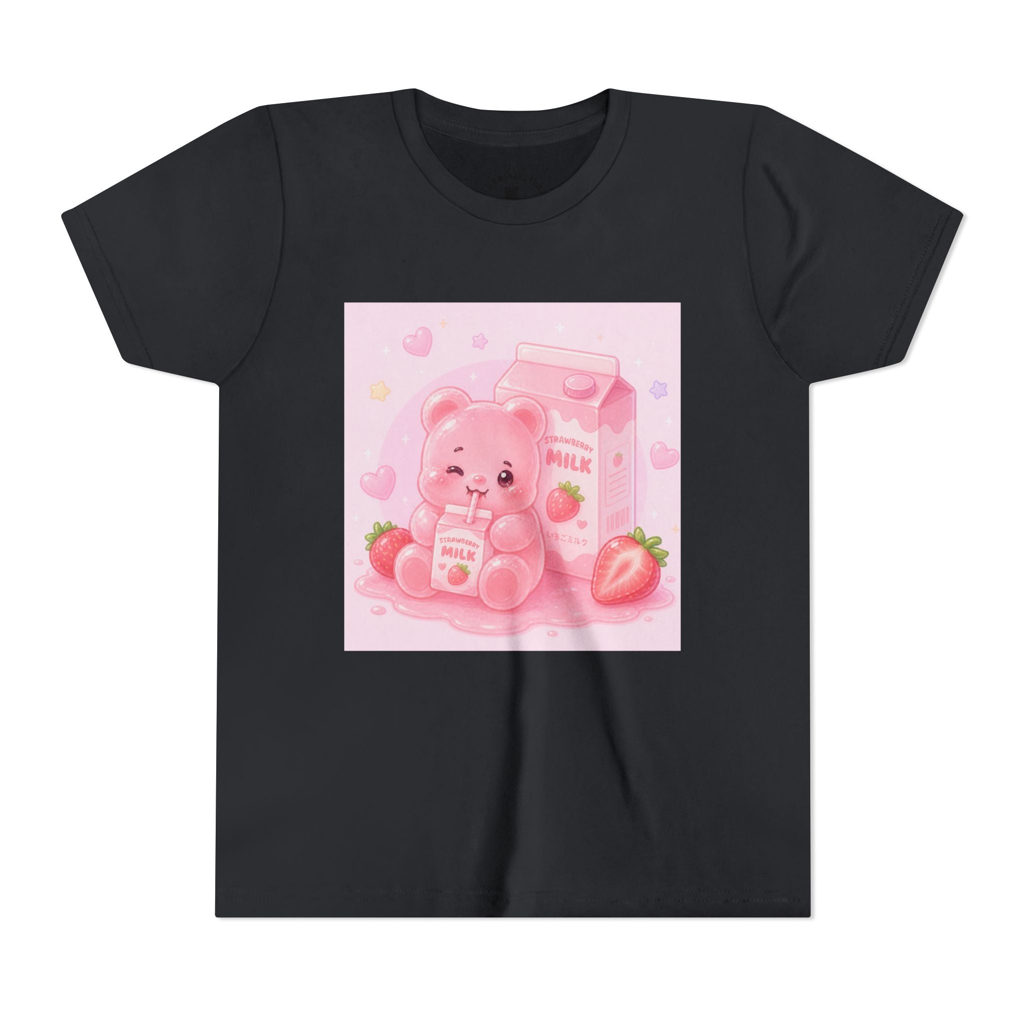 Kids' Pink Strawberry Milk Gooey Gummy Bear— Cute Youth Short Sleeve Shirt