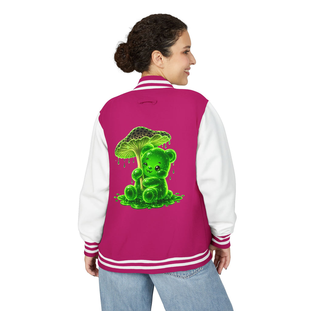 Glowing Green Mushroom, Gooey Gummy Bear Friend — Kawaii Graphic Varsity Jacket