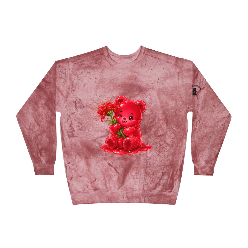Beautiful Red Spider Lily Bloom, Oozy Bear Gummy Friend- Graphic Tie-Dye Sweater