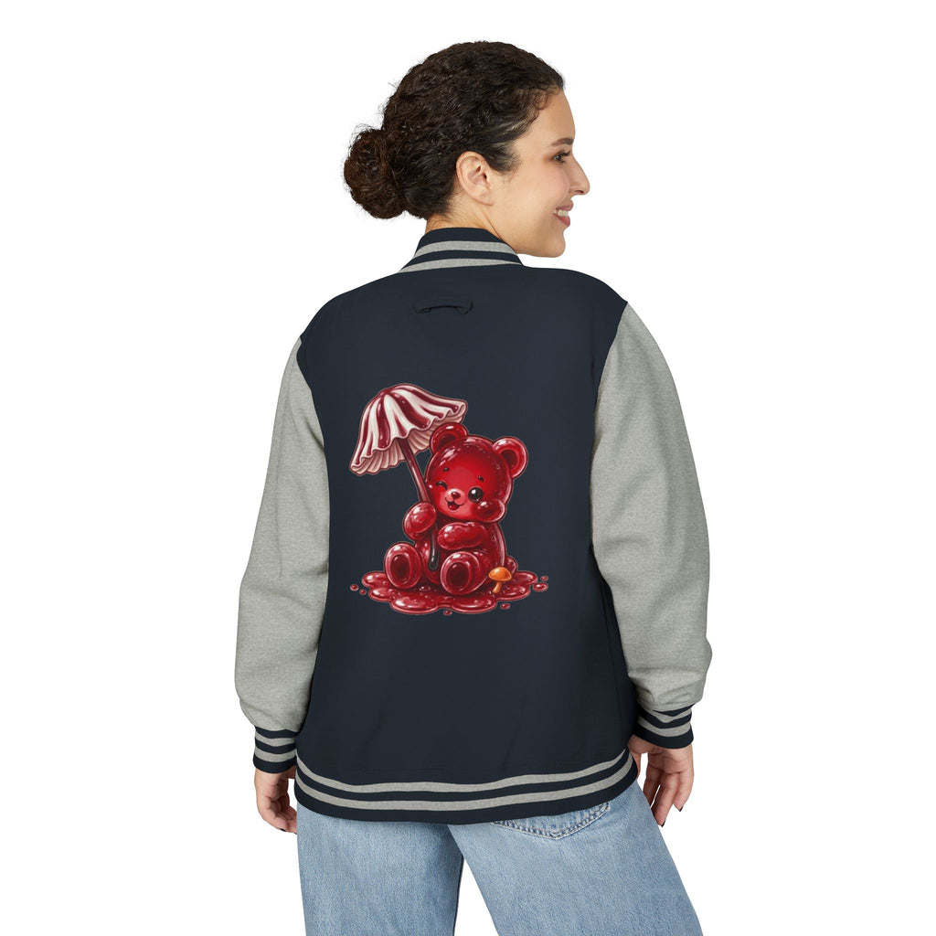 Red Stripped Mushroom Umbrella, Oozy Bear Gummy- Letterman Graphic Jacket