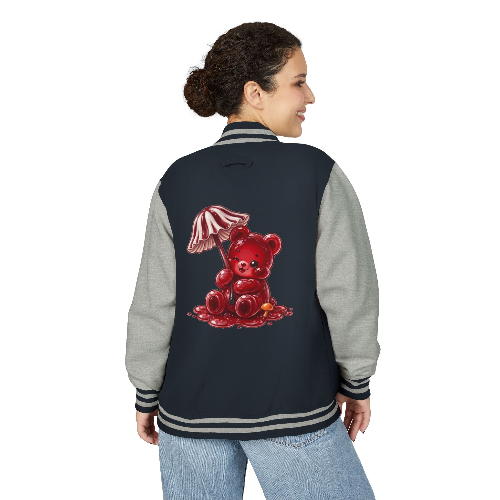 Red Stripped Mushroom Umbrella, Oozy Bear Gummy- Letterman Graphic Jacket