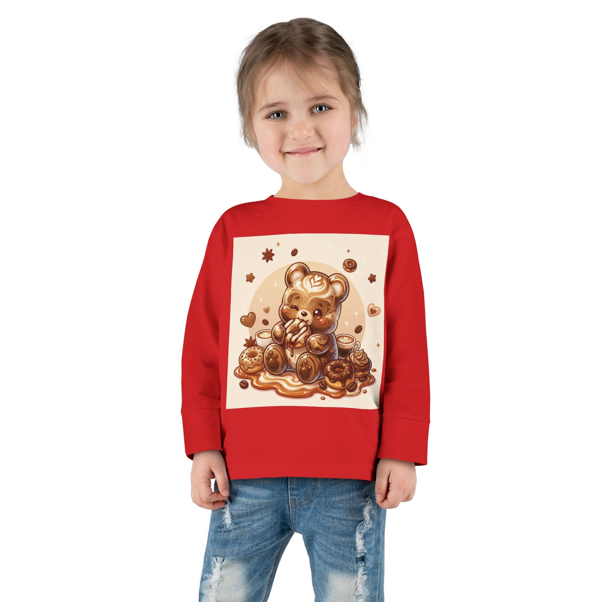 Coffee & Donuts with Chocolate, Oozy Bear Gummy Girls— Kids Illustrated Long Sleeve Shirt
