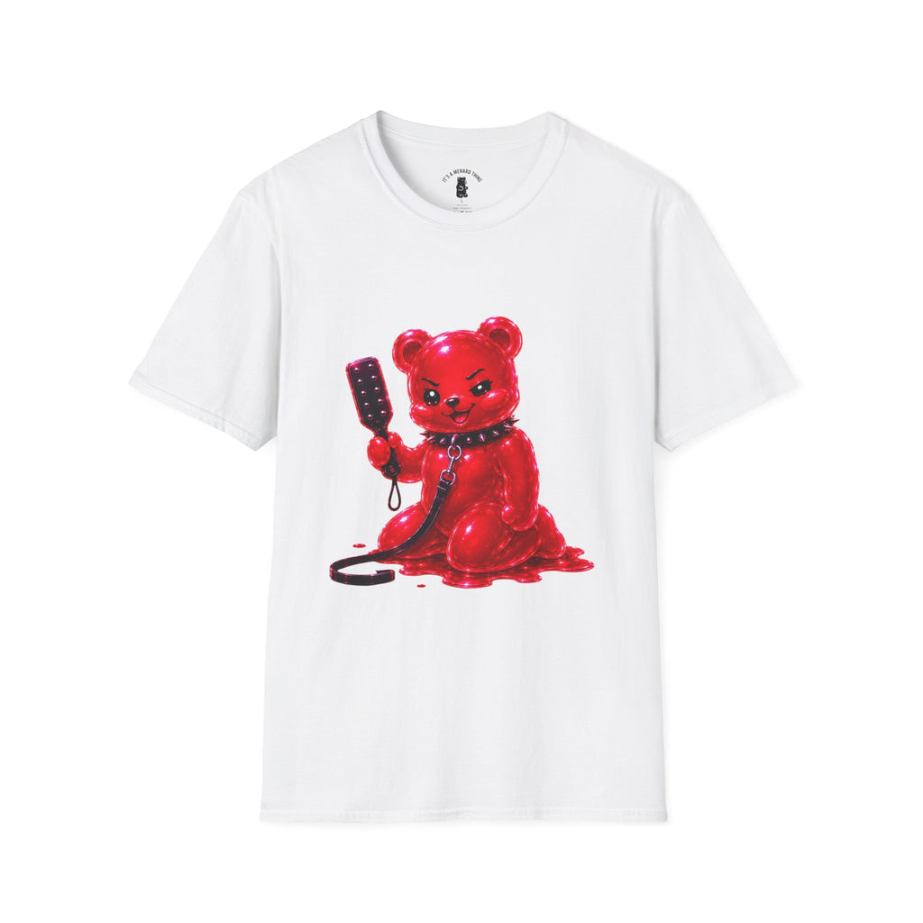 Crimson Red Oozy Bear Gummy Freak with Spank Paddle- Graphic Shirt (Adult Only!)