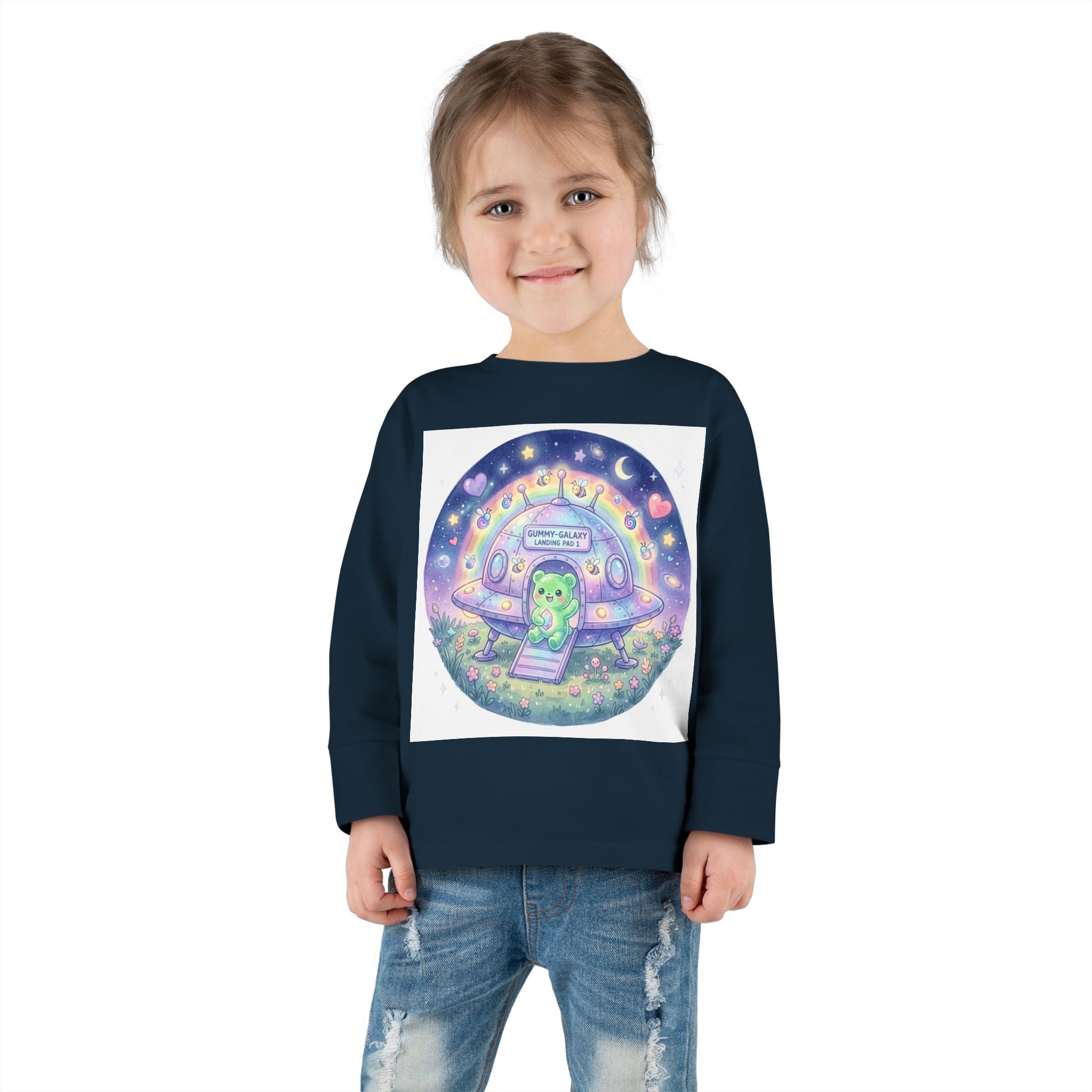 Cute Alien UFO Nightscape Oozy Bear Special- Graphic Long Sleeve Shirt